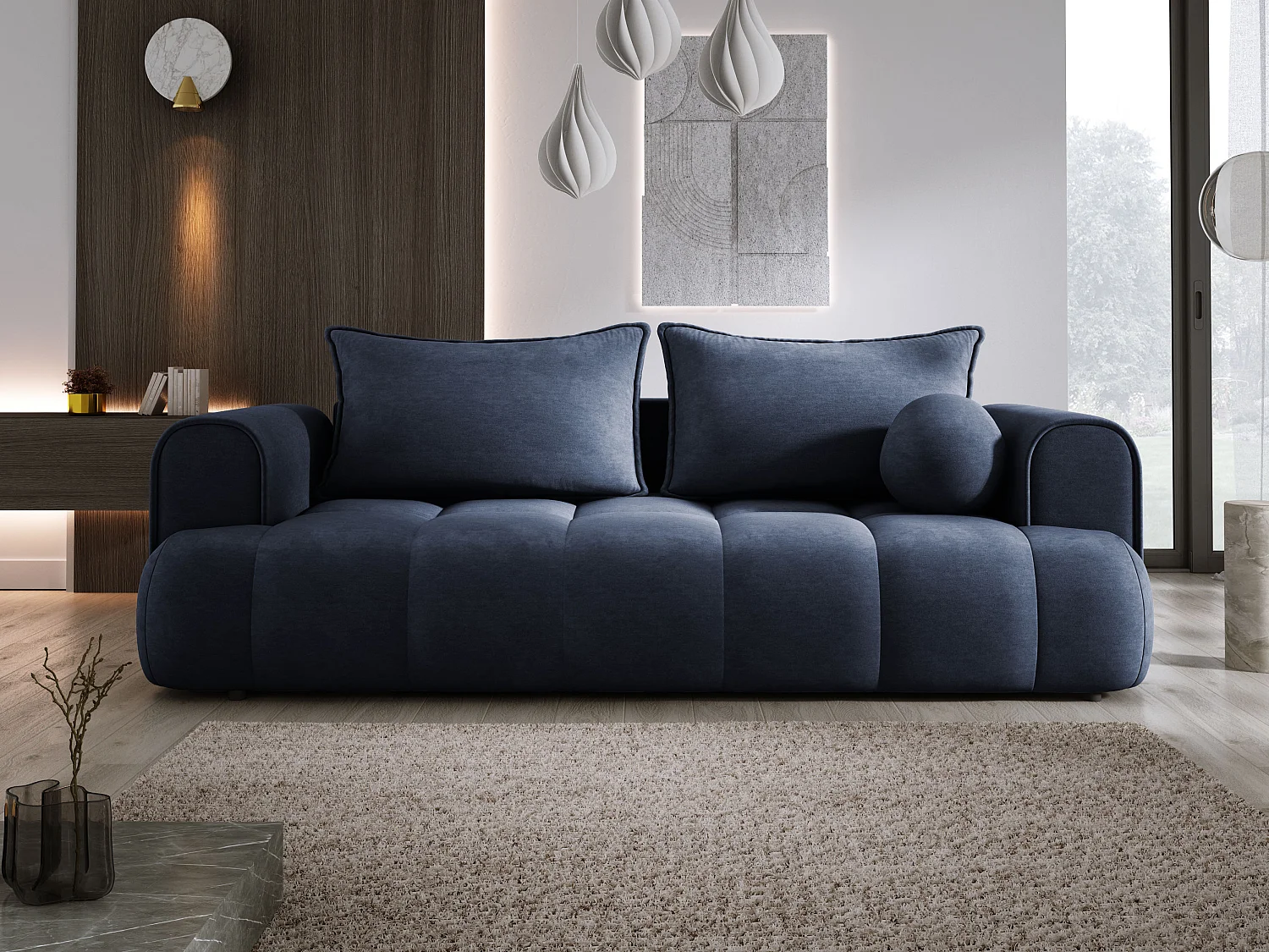 Sofa COCO Schlafsofa mit Bettfunktion, CLOUD Stoff, 2-Sitzer, freistehend, 250x105x90cm, Farbe: Dunkelblau