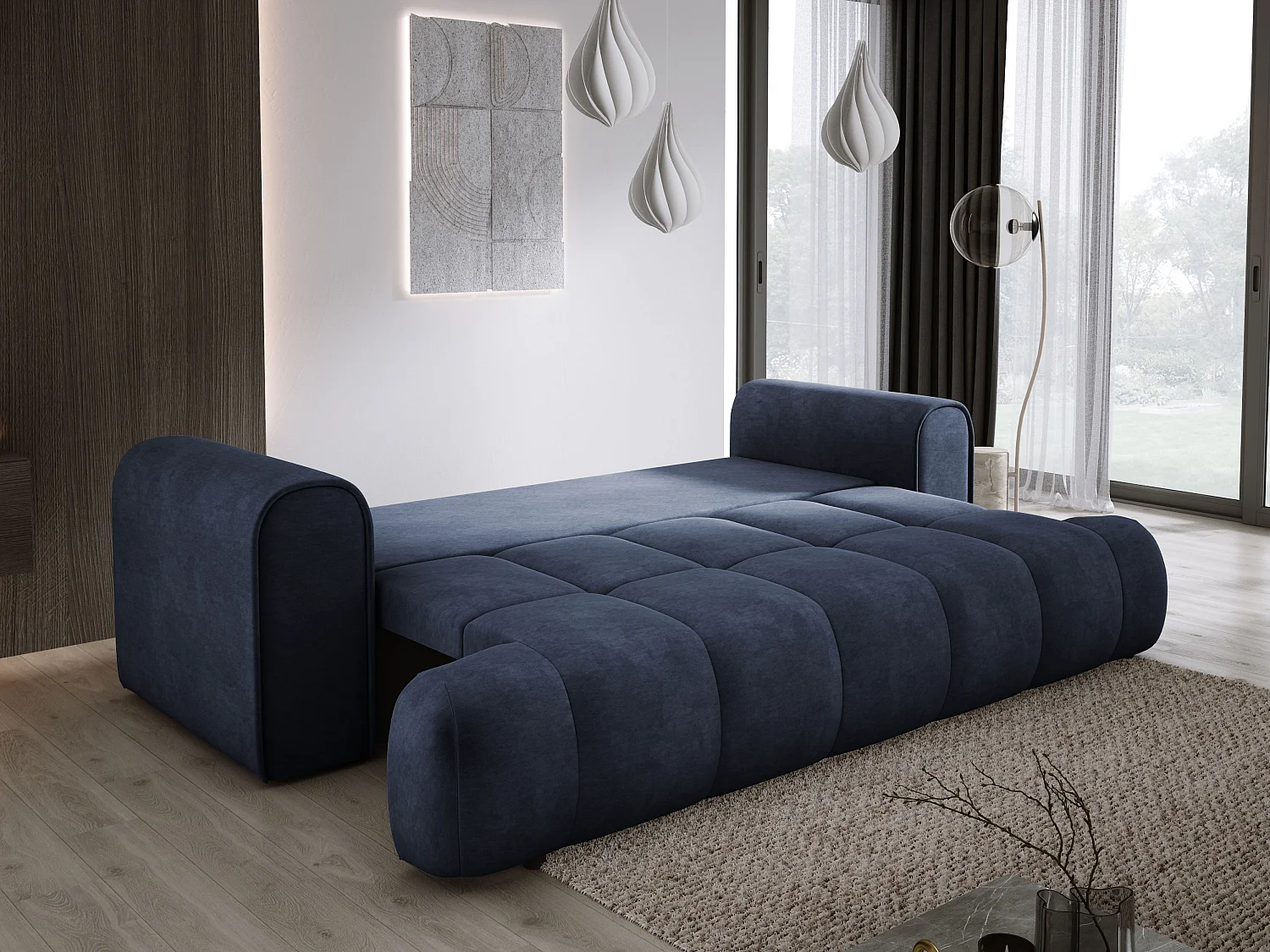 Sofa COCO convertible avec couchage, tissu CLOUD, 2 places, autoportant, 205x105x97 cm, couleur : Bleu foncé