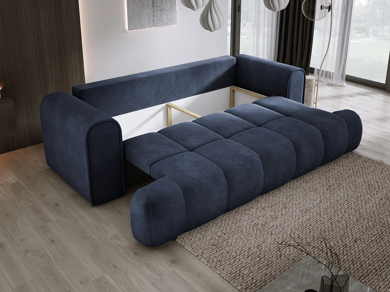 Sofa COCO convertible avec couchage, tissu CLOUD, 2 places, autoportant, 205x105x97 cm, couleur : Bleu foncé