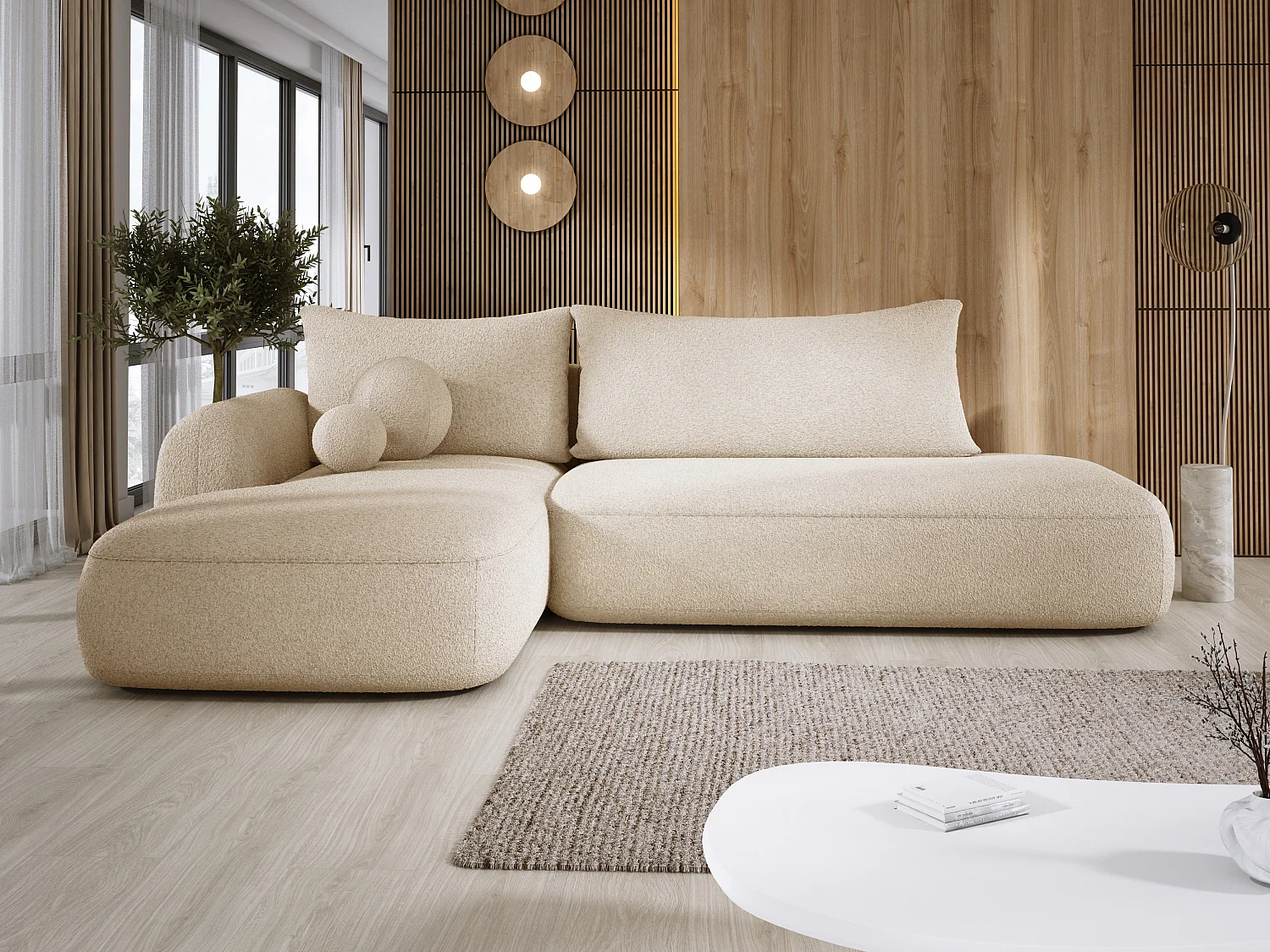 Canapé d'angle BABU avec lit – Sofa convertible moderne NOW OR NEVER, 300x105x60cm, côté gauche, BEIGE