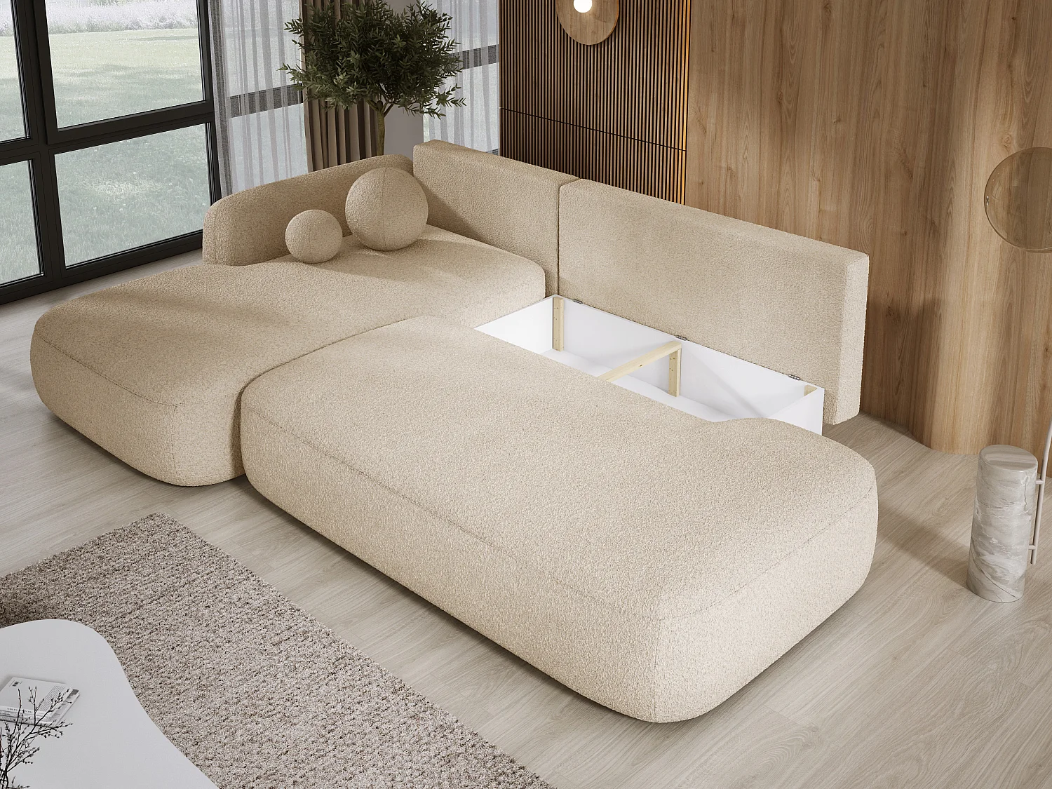 Canapé d'angle BABU avec lit – Sofa convertible moderne NOW OR NEVER, 300x105x60cm, côté gauche, BEIGE