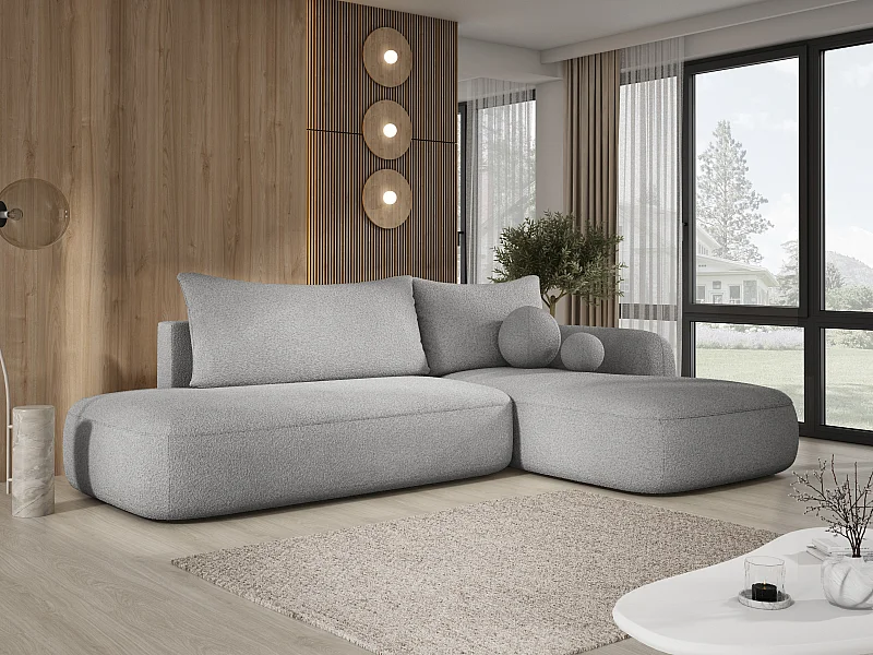 Narożnik BABU z funkcją spania – nowoczesna sofa do salonu, materiał NOW OR NEVER, 300x105x60 cm, prawa strona, GRAFITOWY