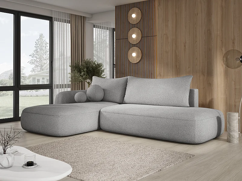 Hoekbank BABU met slaapfunctie – Moderne lounge voor woonkamer, functionele slaapbank in stof NOW OR NEVER, 300x105x60cm, linkerzijde, GRAFIET