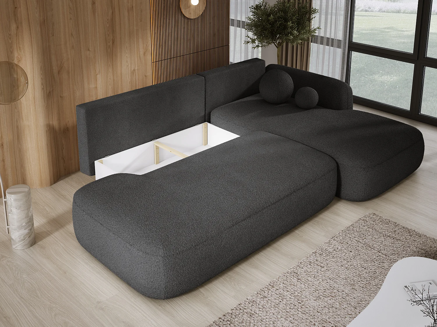 Canapé d'angle BABU avec lit – Sofa convertible moderne NOW OR NEVER, 300x105x60cm, côté droit, NOIR