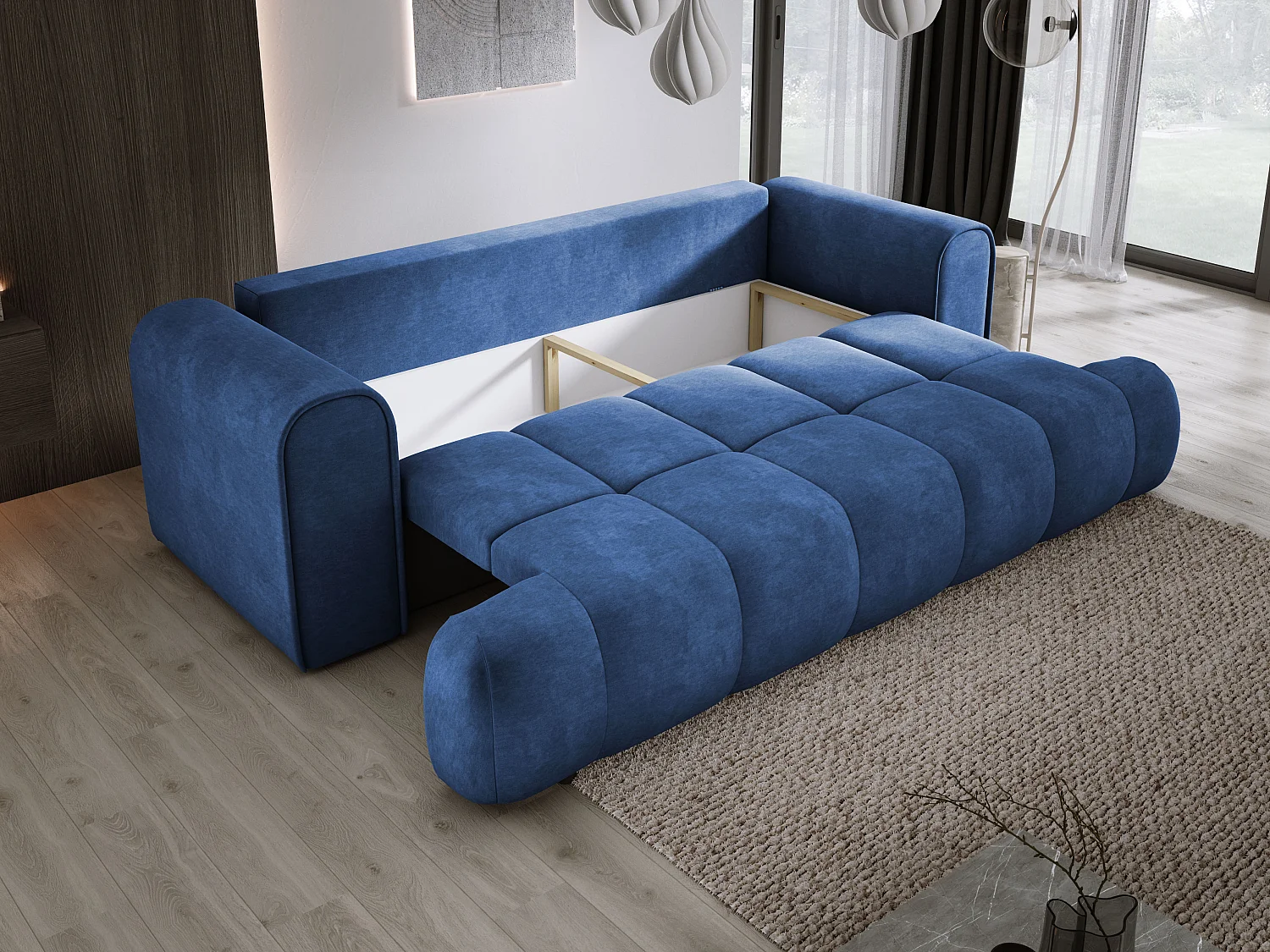 Sofa COCO z funkcją spania, tkanina CLOUD, 2-os., wolnostojąca, 250x105x90cm, kolor: niebieski