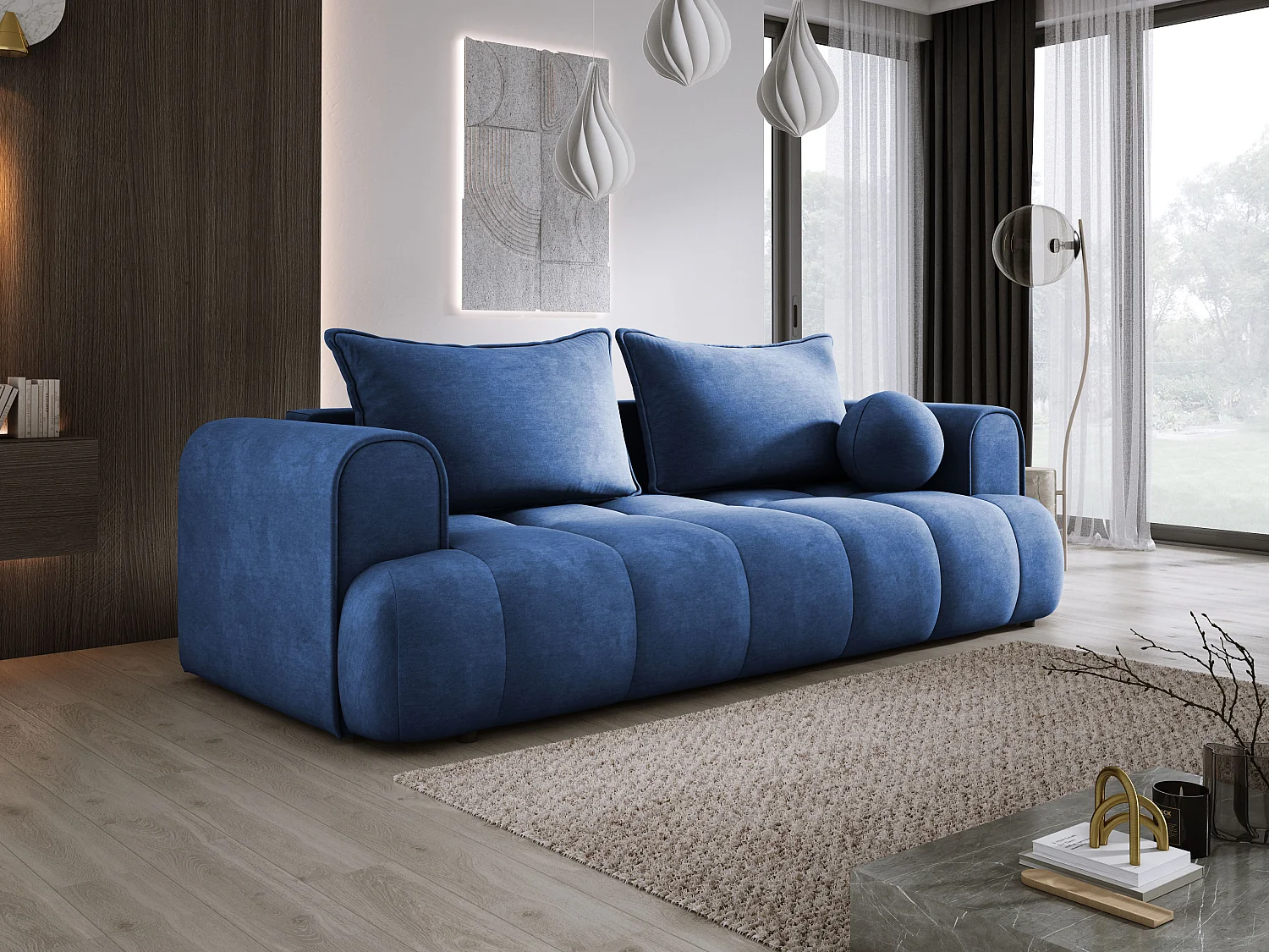 Sofa COCO convertible avec couchage, tissu CLOUD, 2 places, autoportant, 205x105x97 cm, couleur : Bleu