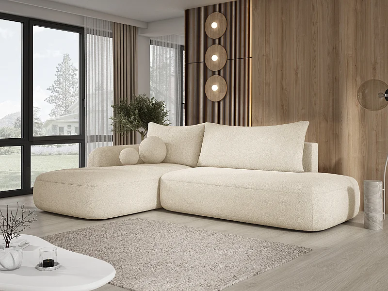 Narożnik BABU z funkcją spania – nowoczesna sofa do salonu, materiał NOW OR NEVER, 300x105x60 cm, lewa strona, BEŻOWY