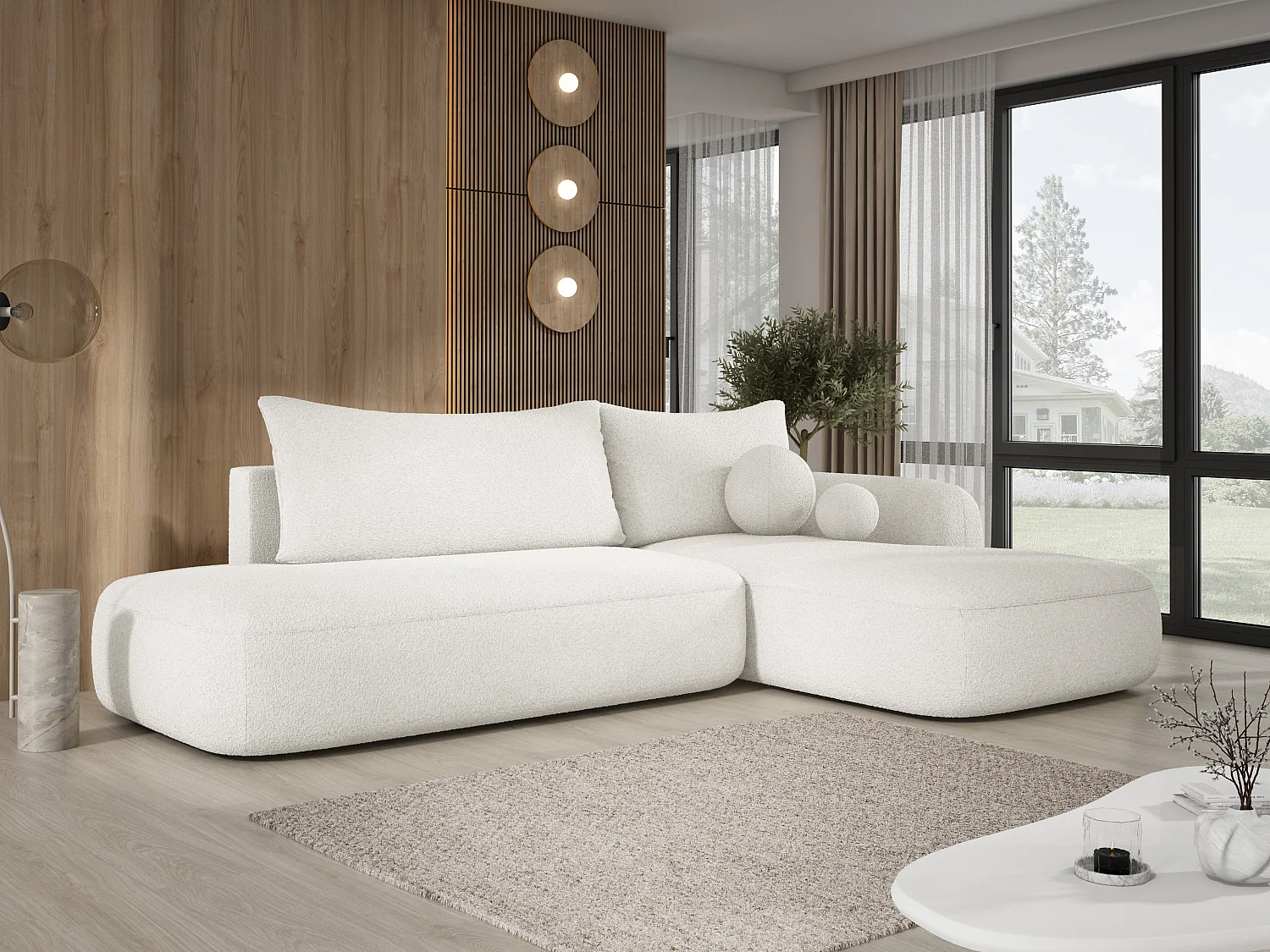 Narożnik BABU z funkcją spania – nowoczesna sofa do salonu, materiał NOW OR NEVER, 300x105x60 cm, prawa strona, BIAŁY