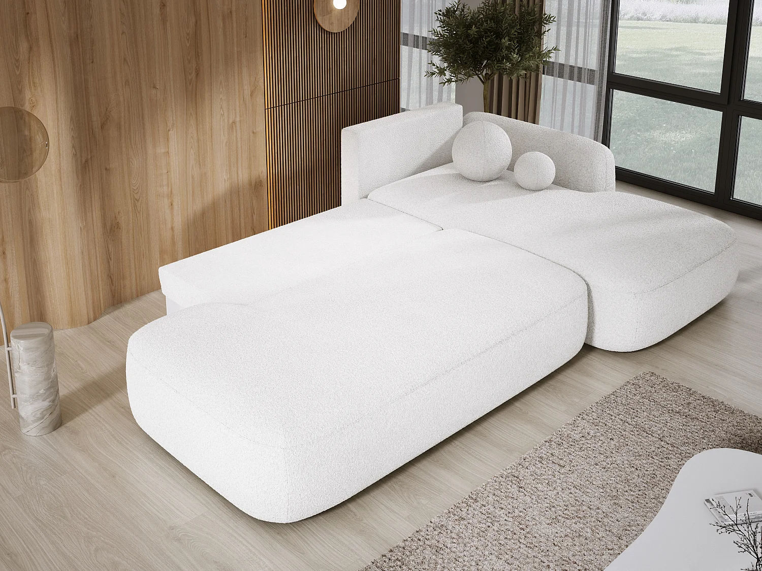 Narożnik BABU z funkcją spania – nowoczesna sofa do salonu, materiał NOW OR NEVER, 300x105x60 cm, prawa strona, BIAŁY