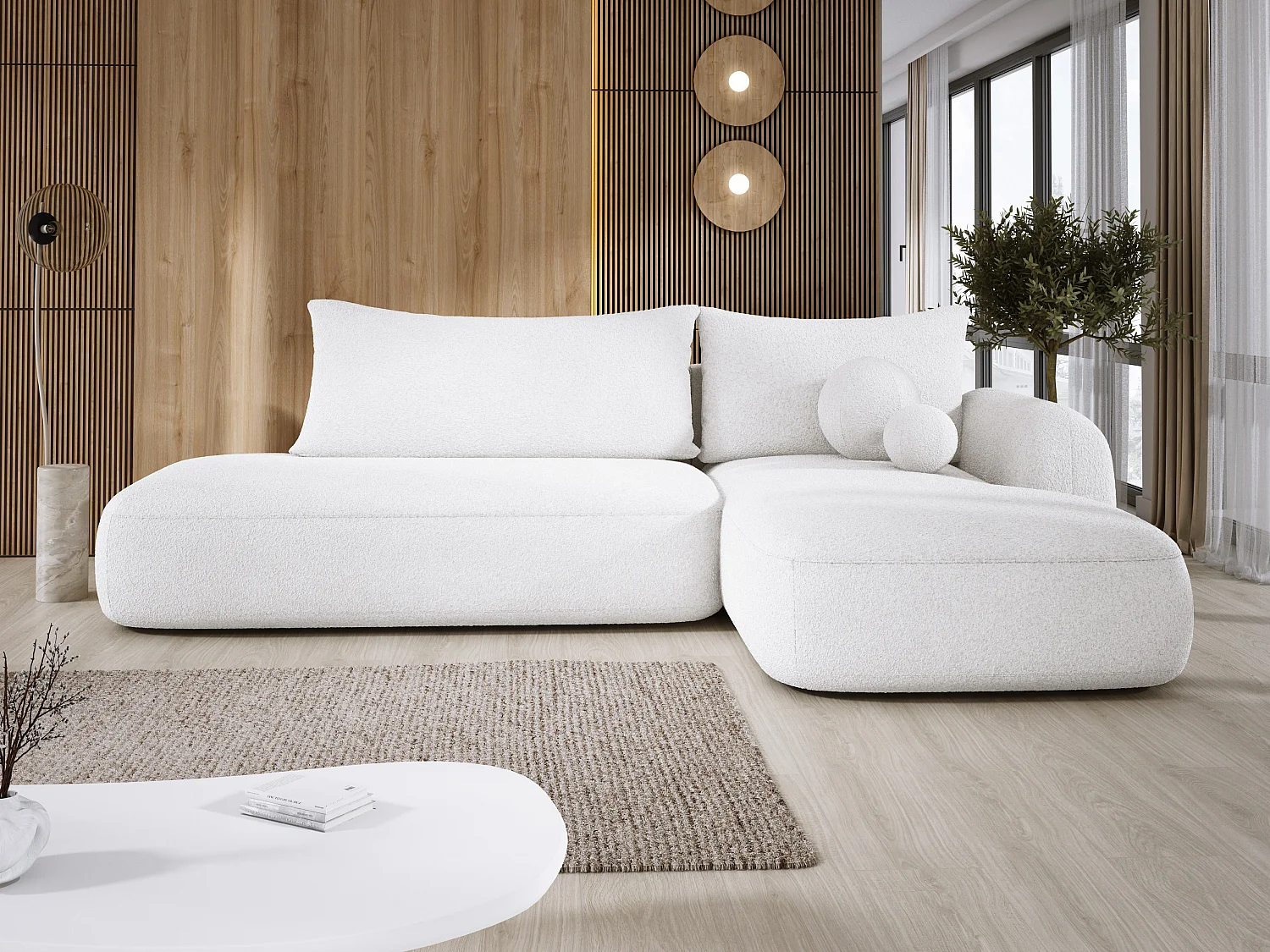 Canapé d'angle BABU avec lit – Sofa convertible moderne NOW OR NEVER, 300x105x60cm, côté droit, BLANC