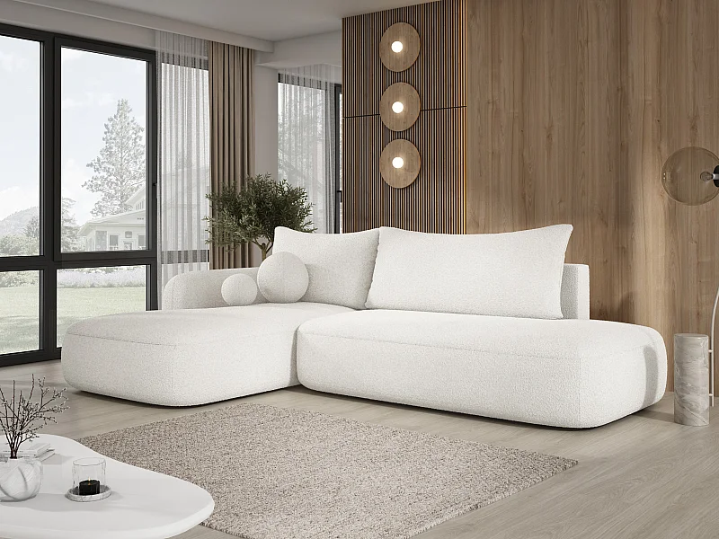 Ecksofa BABU Mit Bettfunktion – Moderne Polsterecke Für Wohnzimmer Funktionales Schlafsofa Im Stoff NOW OR NEVER, 300x105x60cm, Linke Seite, WEISS