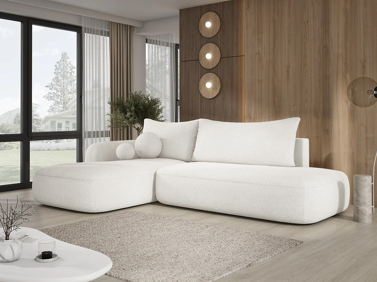 Narożnik BABU z funkcją spania – nowoczesna sofa do salonu, materiał NOW OR NEVER, 300x105x60 cm, lewa strona, BIAŁY