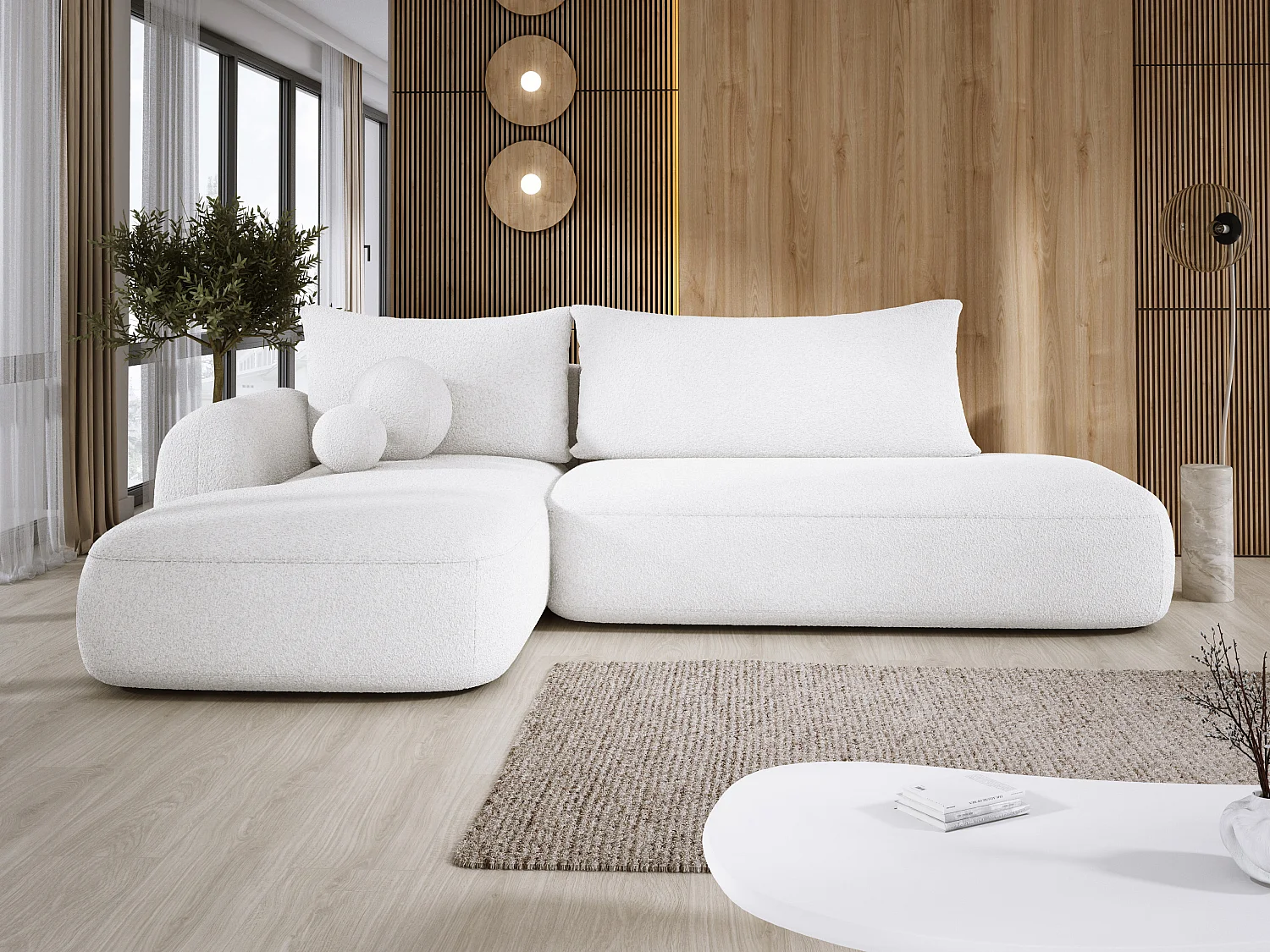 Narożnik BABU z funkcją spania – nowoczesna sofa do salonu, materiał NOW OR NEVER, 300x105x60 cm, lewa strona, BIAŁY