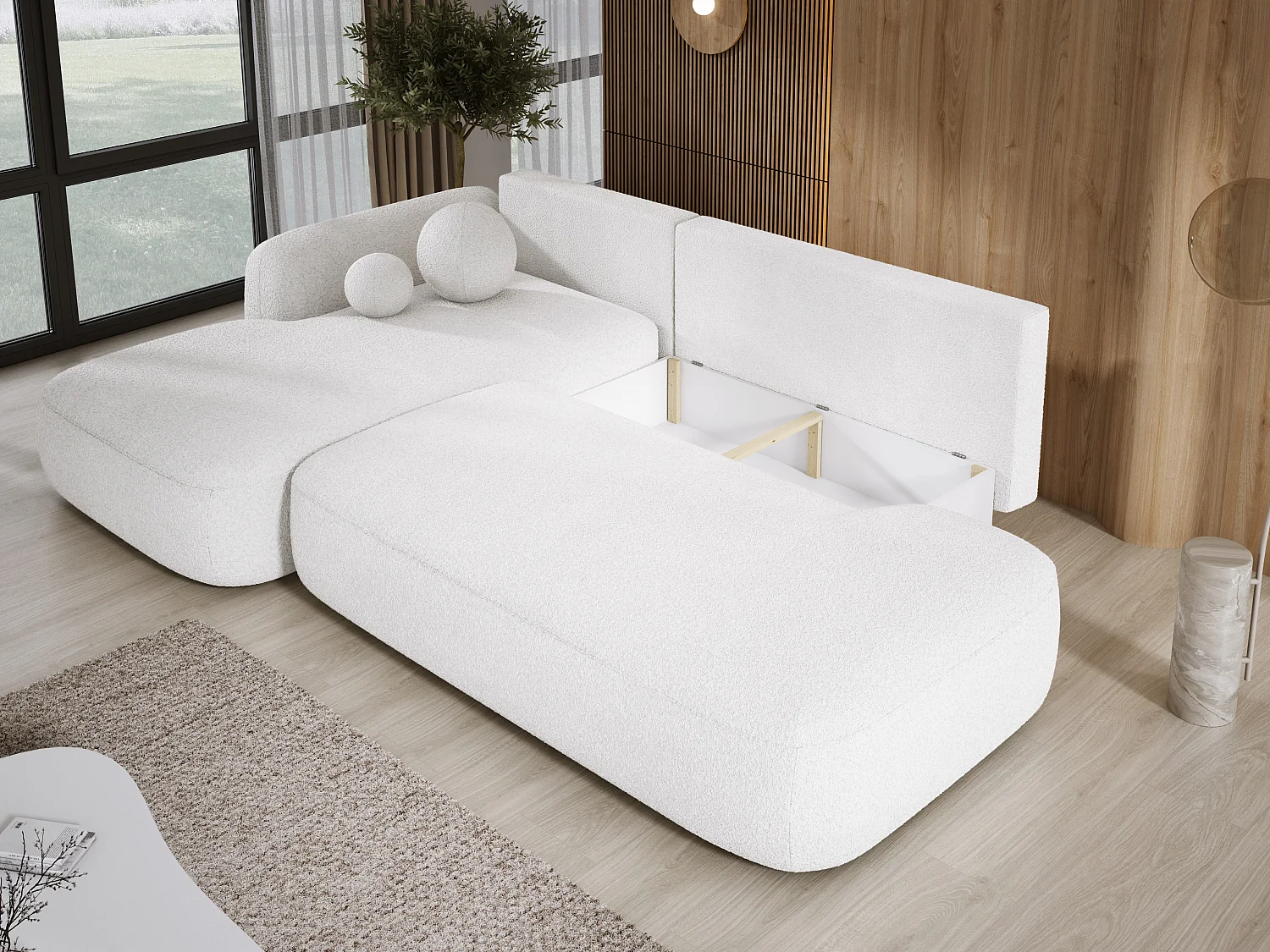 Narożnik BABU z funkcją spania – nowoczesna sofa do salonu, materiał NOW OR NEVER, 300x105x60 cm, lewa strona, BIAŁY