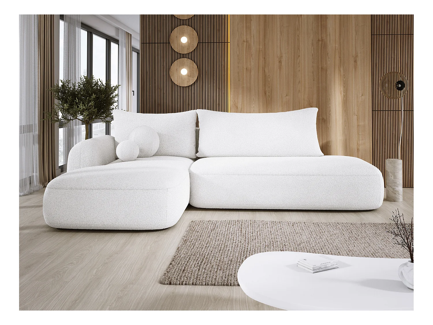 Canapé d'angle BABU avec lit – Sofa convertible moderne NOW OR NEVER, 300x105x60cm, côté gauche, BLANC