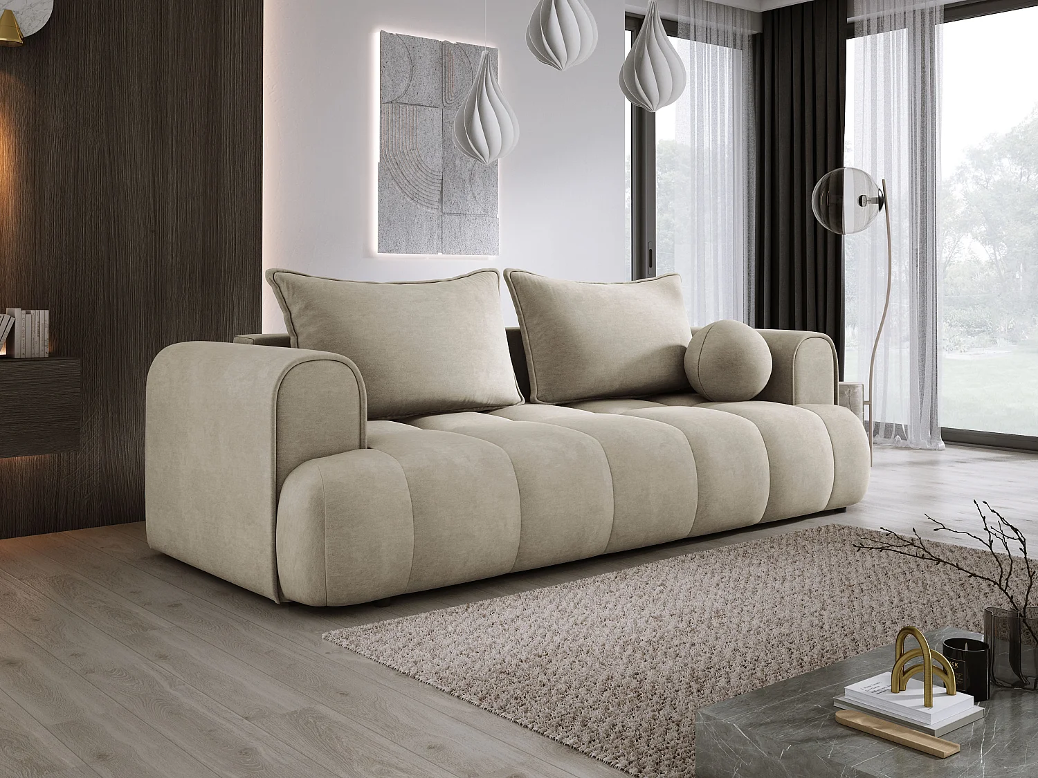 Sofa COCO z funkcją spania, tkanina CLOUD, 2-os., wolnostojąca, 250x105x90cm, kolor: beżowy