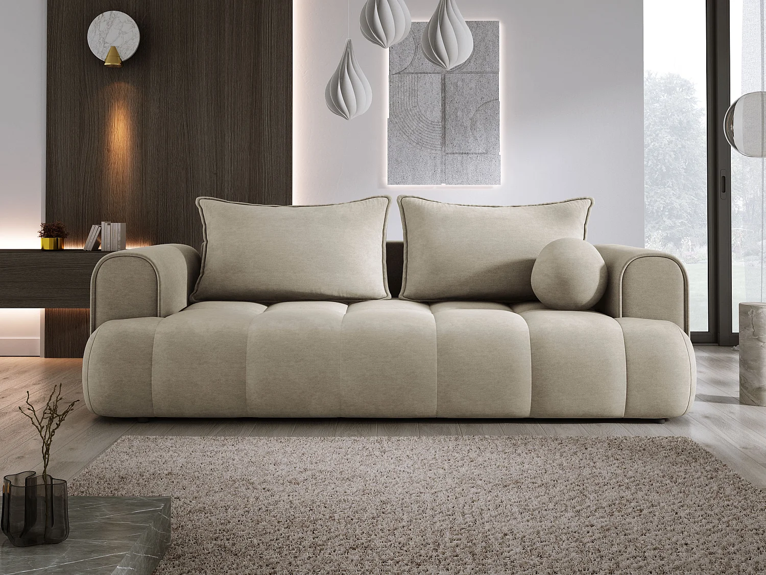 Sofa COCO z funkcją spania, tkanina CLOUD, 2-os., wolnostojąca, 250x105x90cm, kolor: beżowy