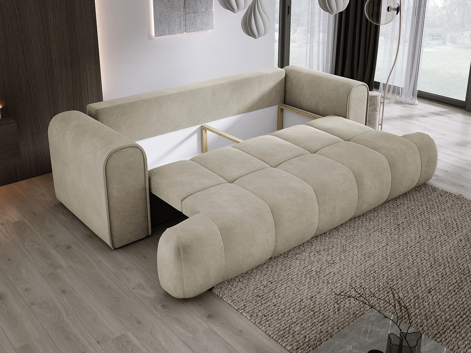 Sofa COCO z funkcją spania, tkanina CLOUD, 2-os., wolnostojąca, 250x105x90cm, kolor: beżowy
