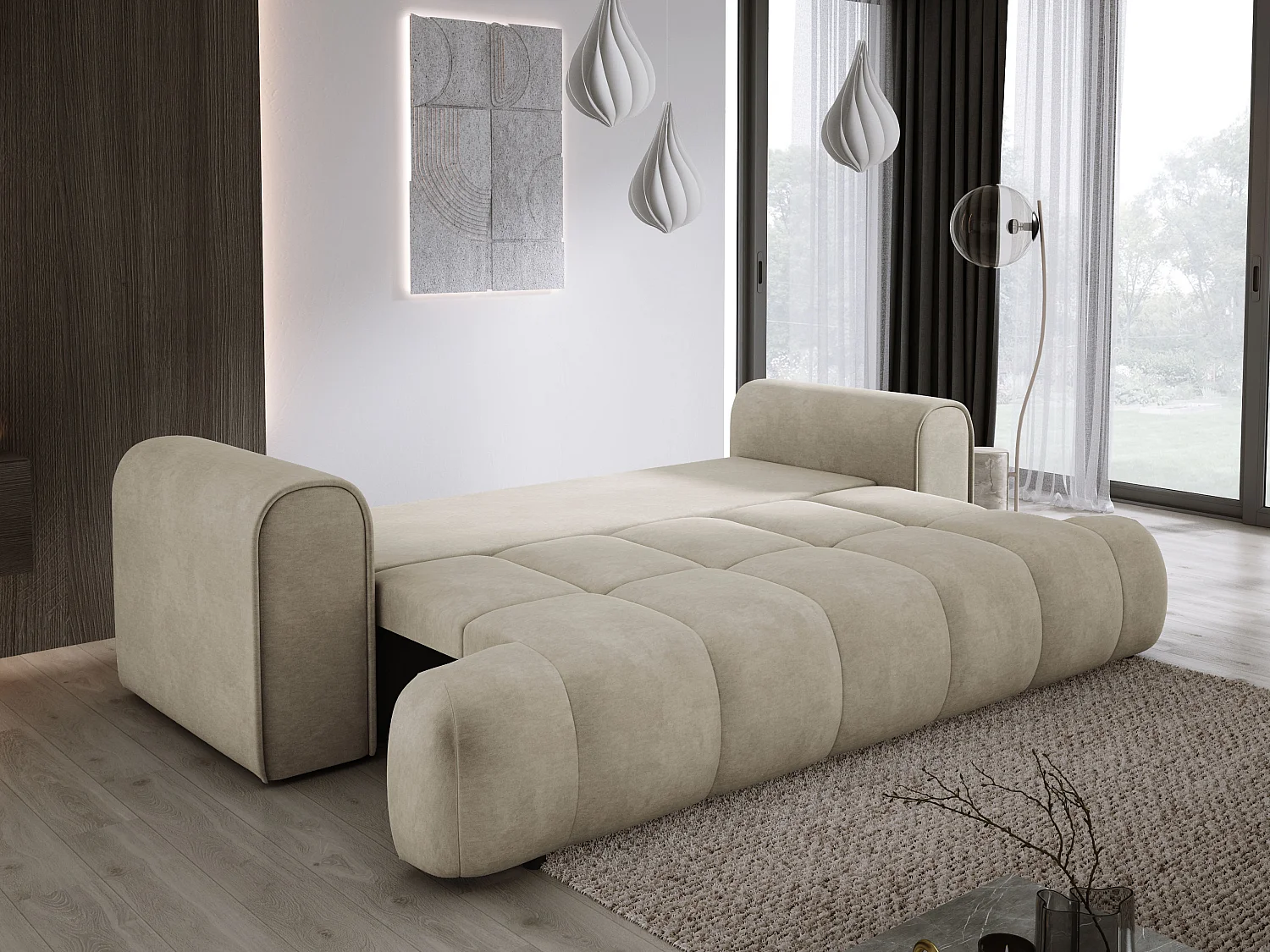 Sofa COCO convertible avec couchage, tissu CLOUD, 2 places, autoportant, 205x105x97 cm, couleur : Beige