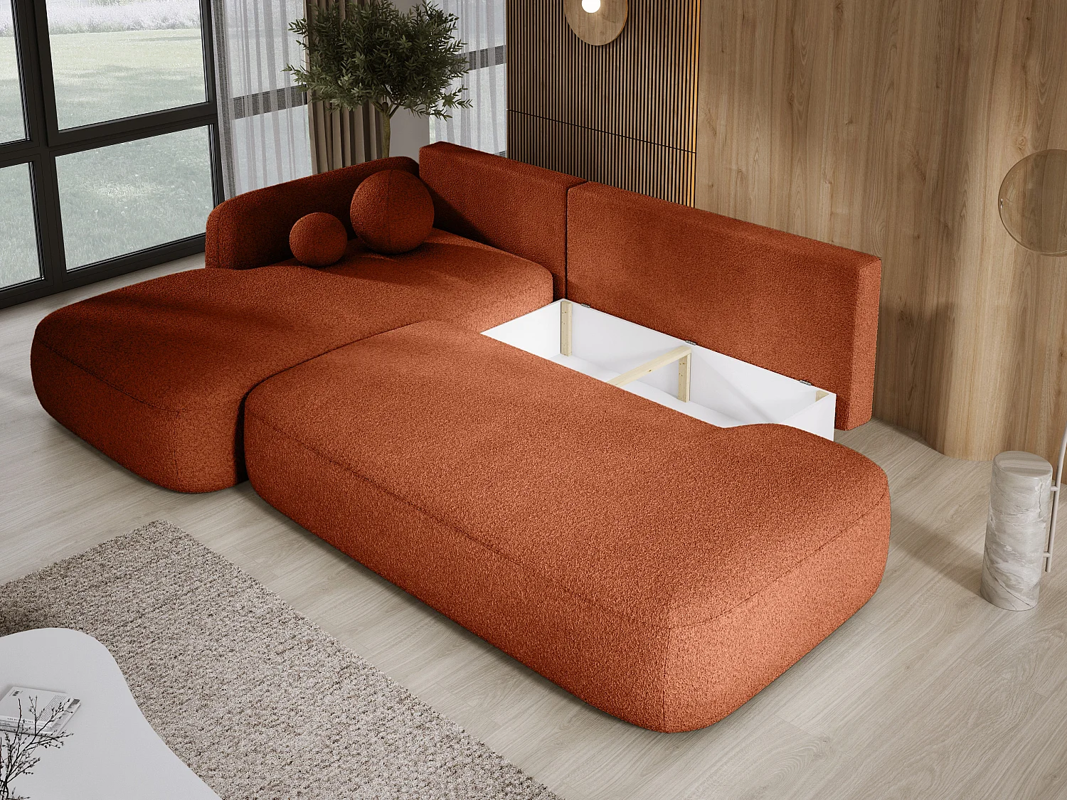 Narożnik BABU z funkcją spania – nowoczesna sofa do salonu, materiał NOW OR NEVER, 300x105x60 cm, lewa strona, ZIELONY