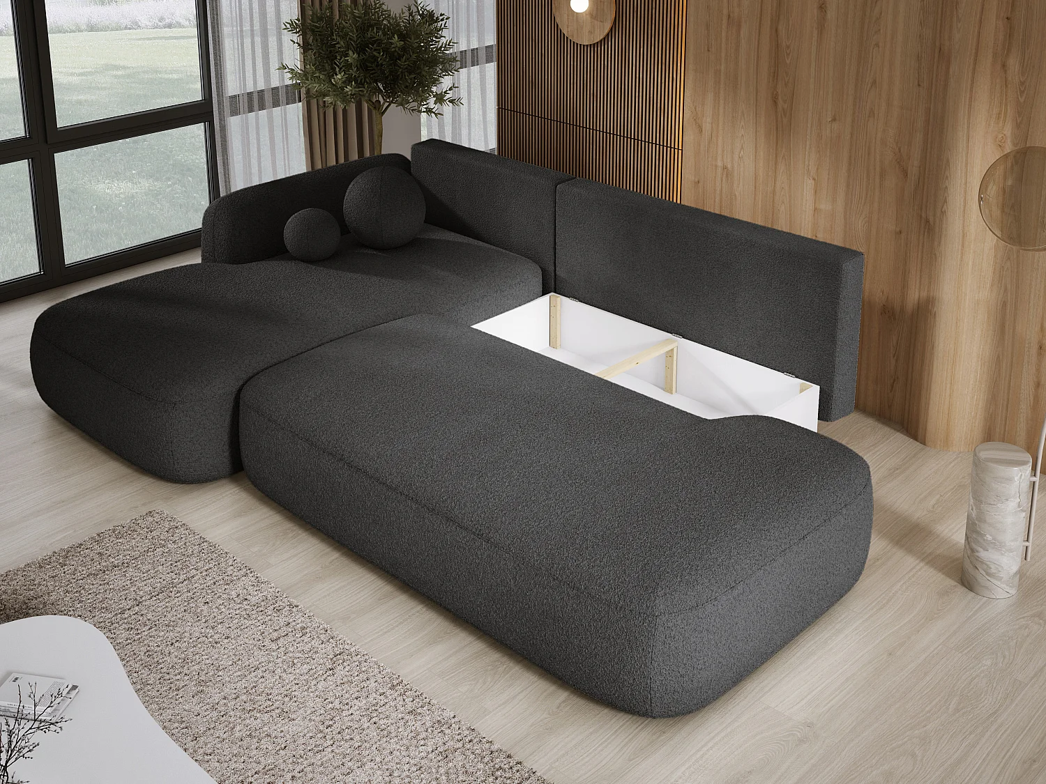 Canapé d'angle BABU avec lit – Sofa convertible moderne NOW OR NEVER, 300x105x60cm, côté gauche, NOIR