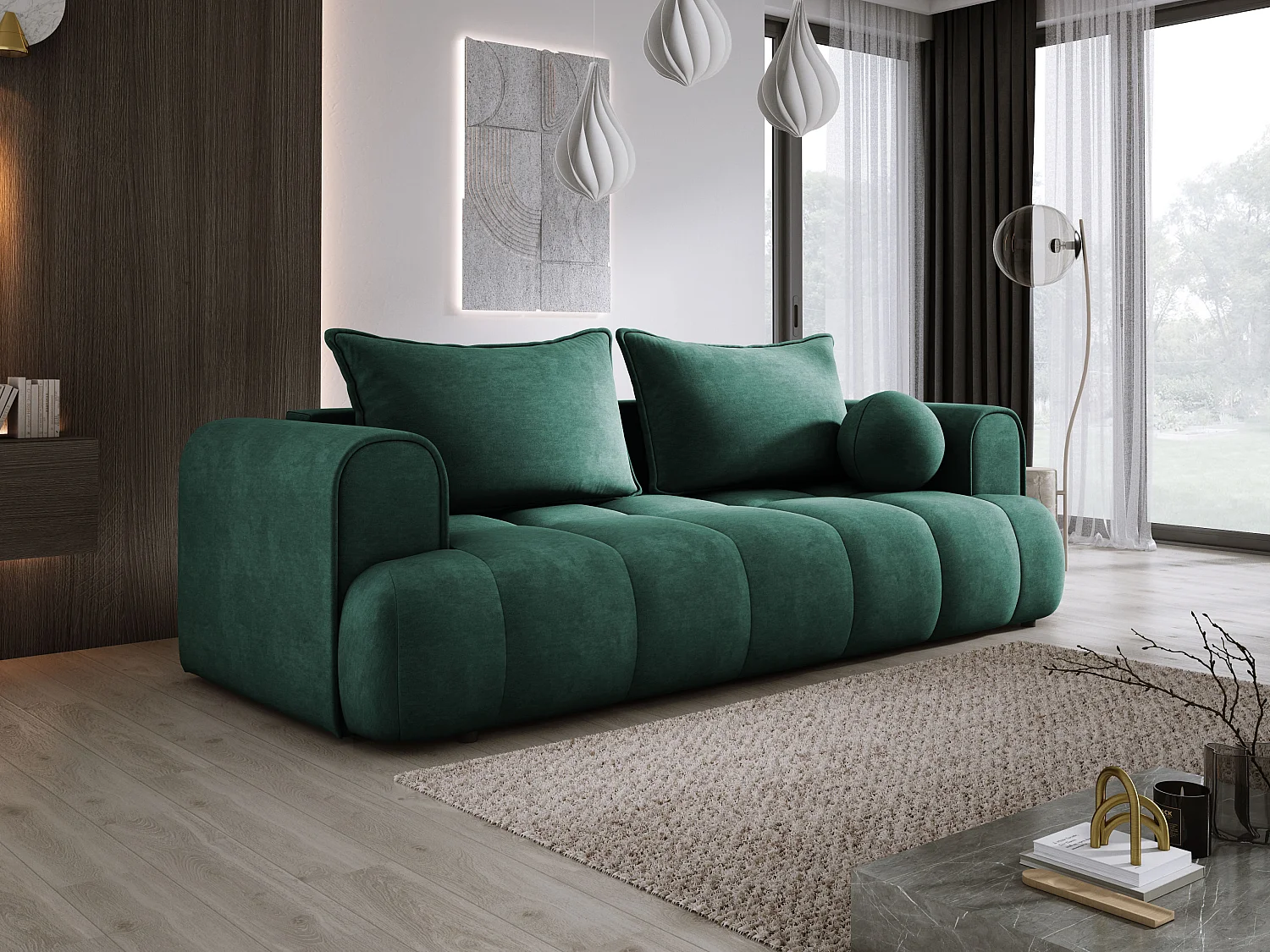 Sofa COCO Schlafsofa mit Bettfunktion, CLOUD Stoff, 2-Sitzer, freistehend, 250x105x90cm, Farbe: Grün