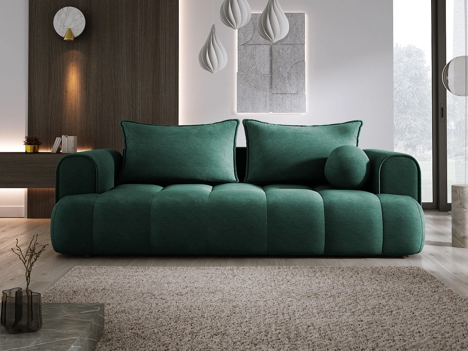 Sofa COCO Schlafsofa mit Bettfunktion, CLOUD Stoff, 2-Sitzer, freistehend, 250x105x90cm, Farbe: Grün