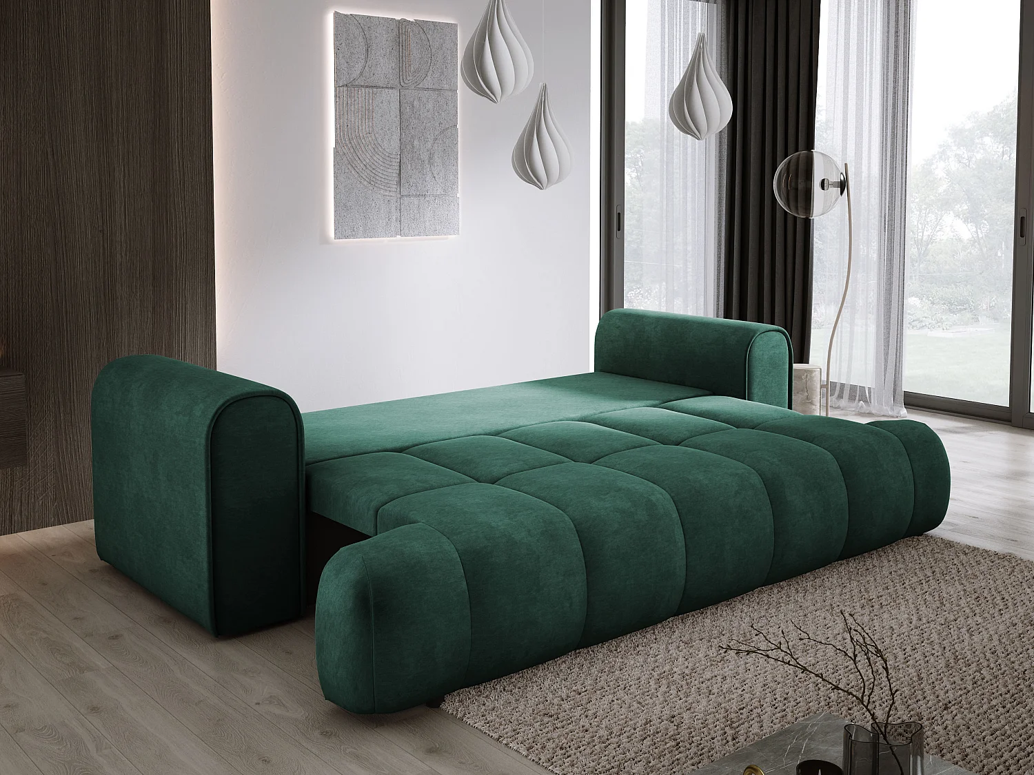 Sofa COCO convertible avec couchage, tissu CLOUD, 2 places, autoportant, 205x105x97 cm, couleur : Vert