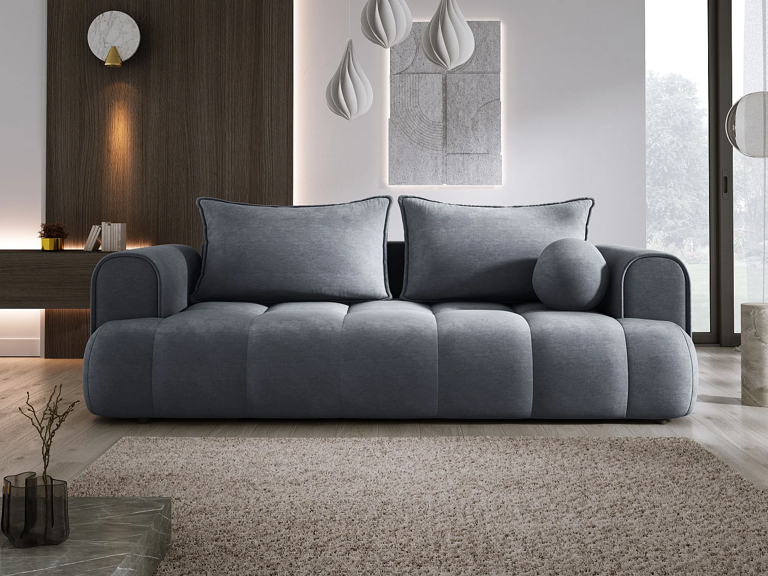 Sofa COCO convertible avec couchage, tissu CLOUD, 2 places, autoportant, 205x105x97 cm, couleur : Gris foncé