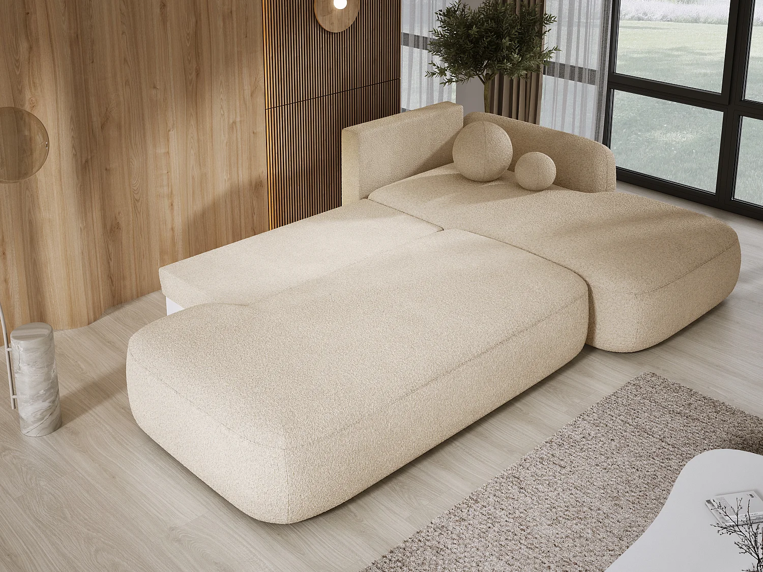 Narożnik BABU z funkcją spania – nowoczesna sofa do salonu, materiał NOW OR NEVER, 300x105x60 cm, prawa strona, BEŻOWY