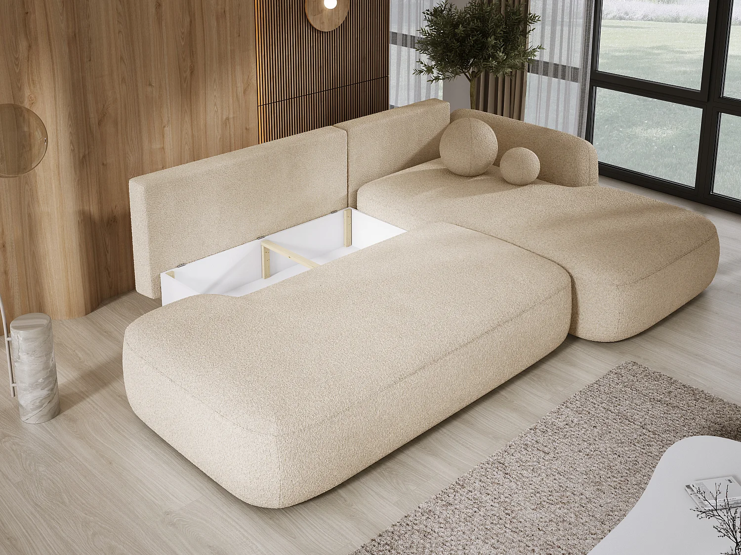 Canapé d'angle BABU avec lit – Sofa convertible moderne NOW OR NEVER, 300x105x60cm, côté droit, BEIGE