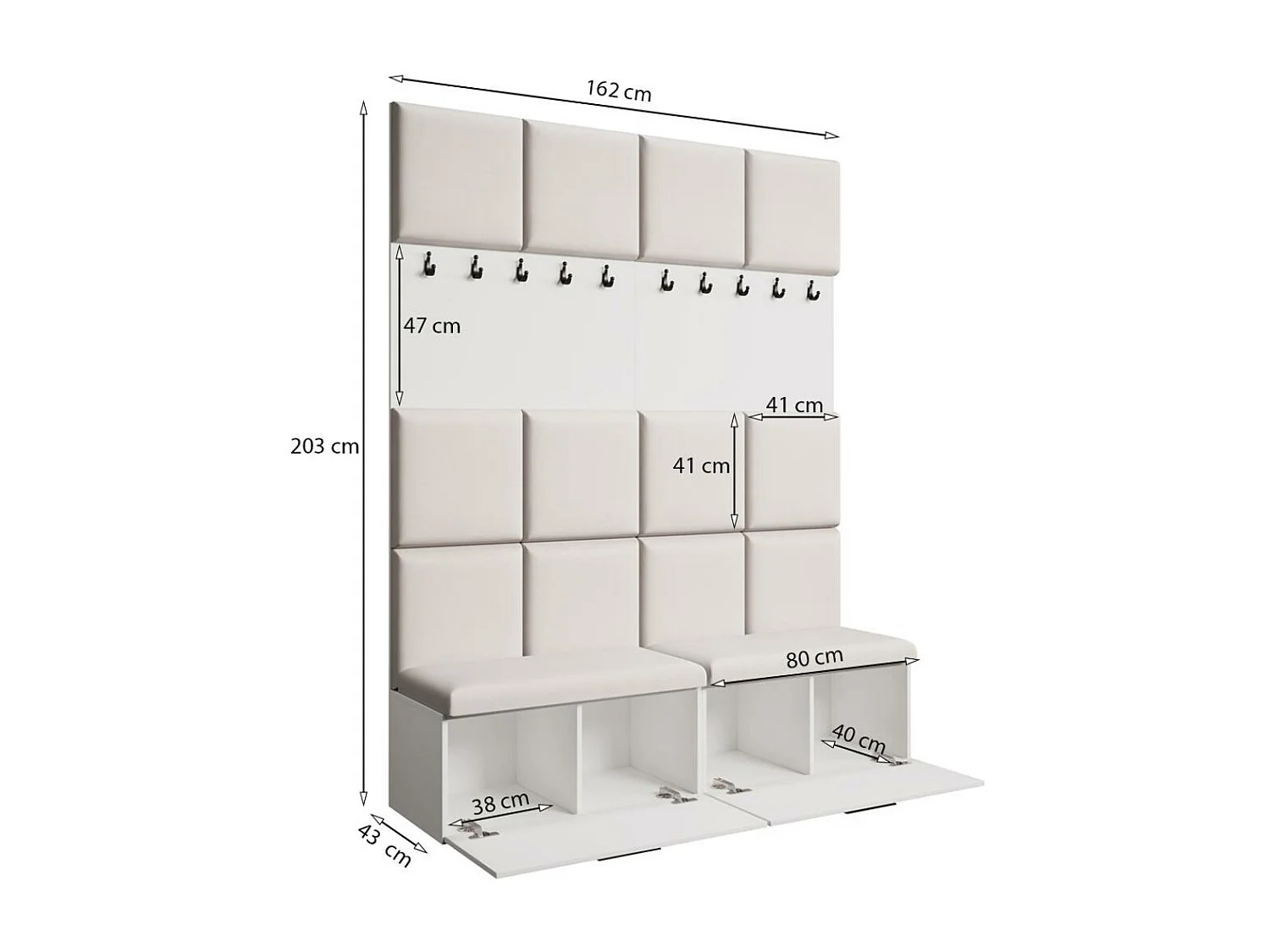 GARDEROBE Margaret I+I 162/203/43 avec panneaux rembourrés et armoire à chaussures