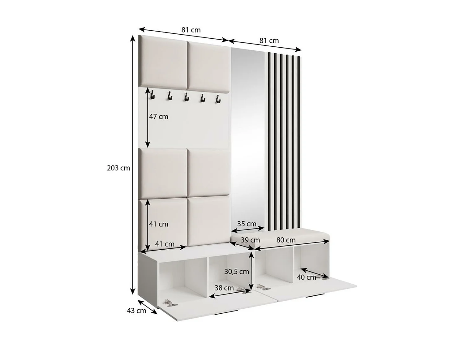GARDEROBE Margaret I+II 162/203/43 avec panneaux/lames/miroir rembourrés