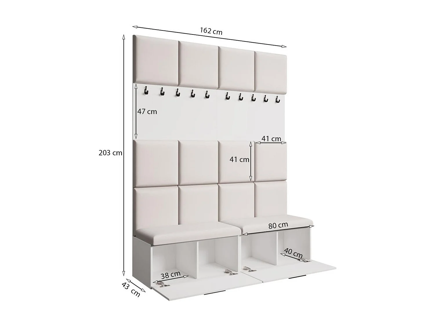 GARDEROBE Margaret I+I 162/203/43 avec panneaux rembourrés et armoire à chaussures
