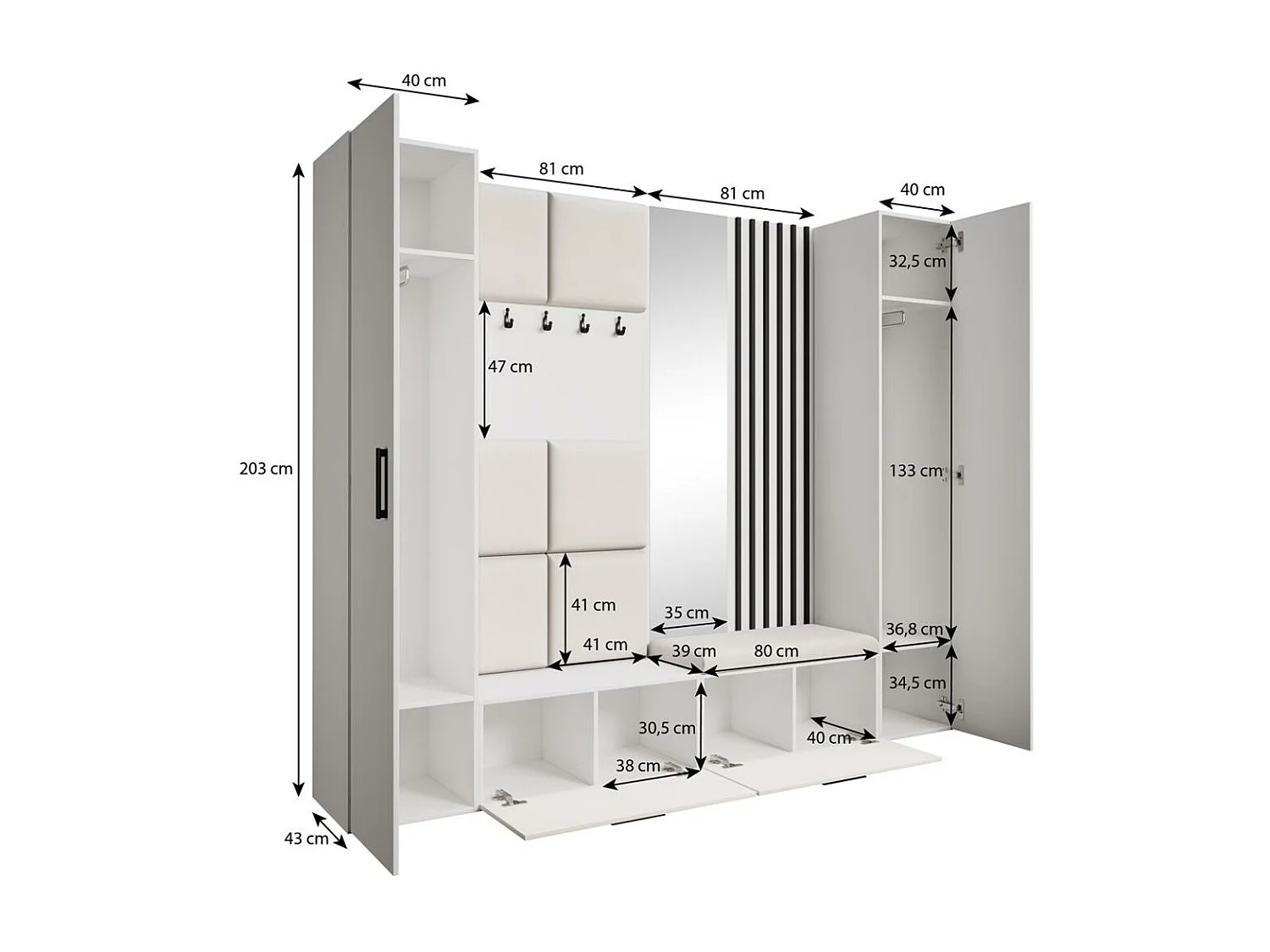 GARDEROBE Margaret XL 242/203/43 avec panneaux/lames/miroir rembourrés