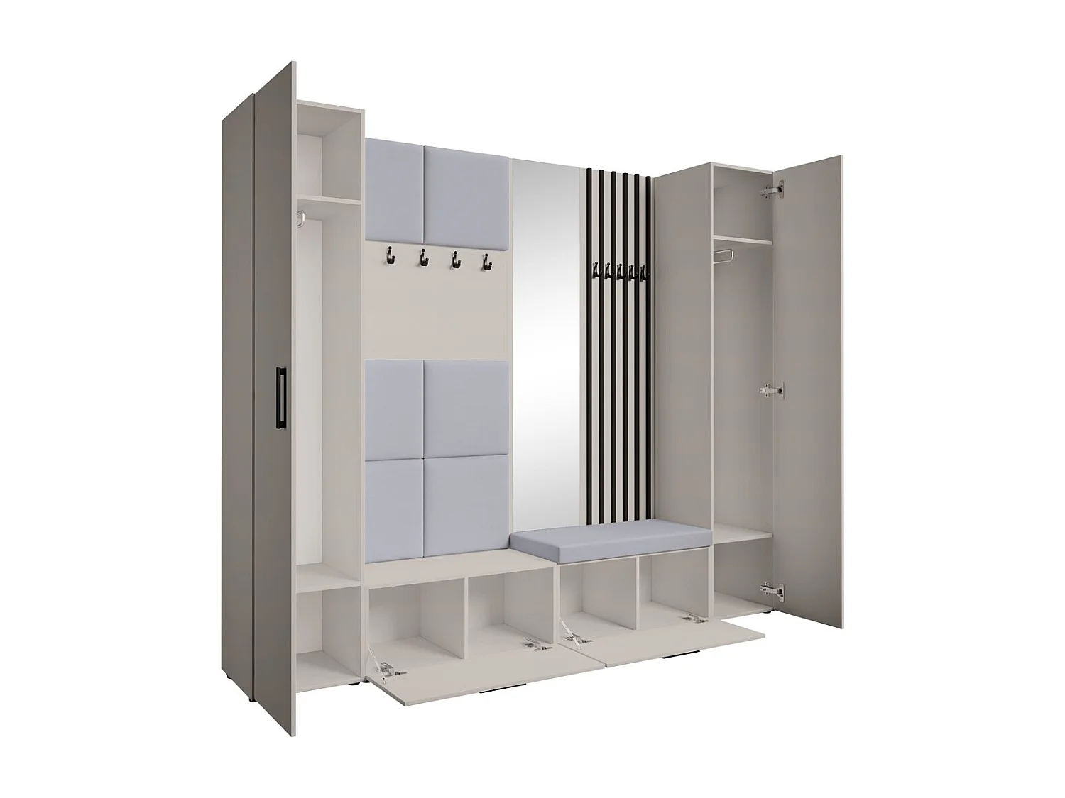 GARDEROBE Margaret XL 242/203/43 avec panneaux/lames/miroir rembourrés