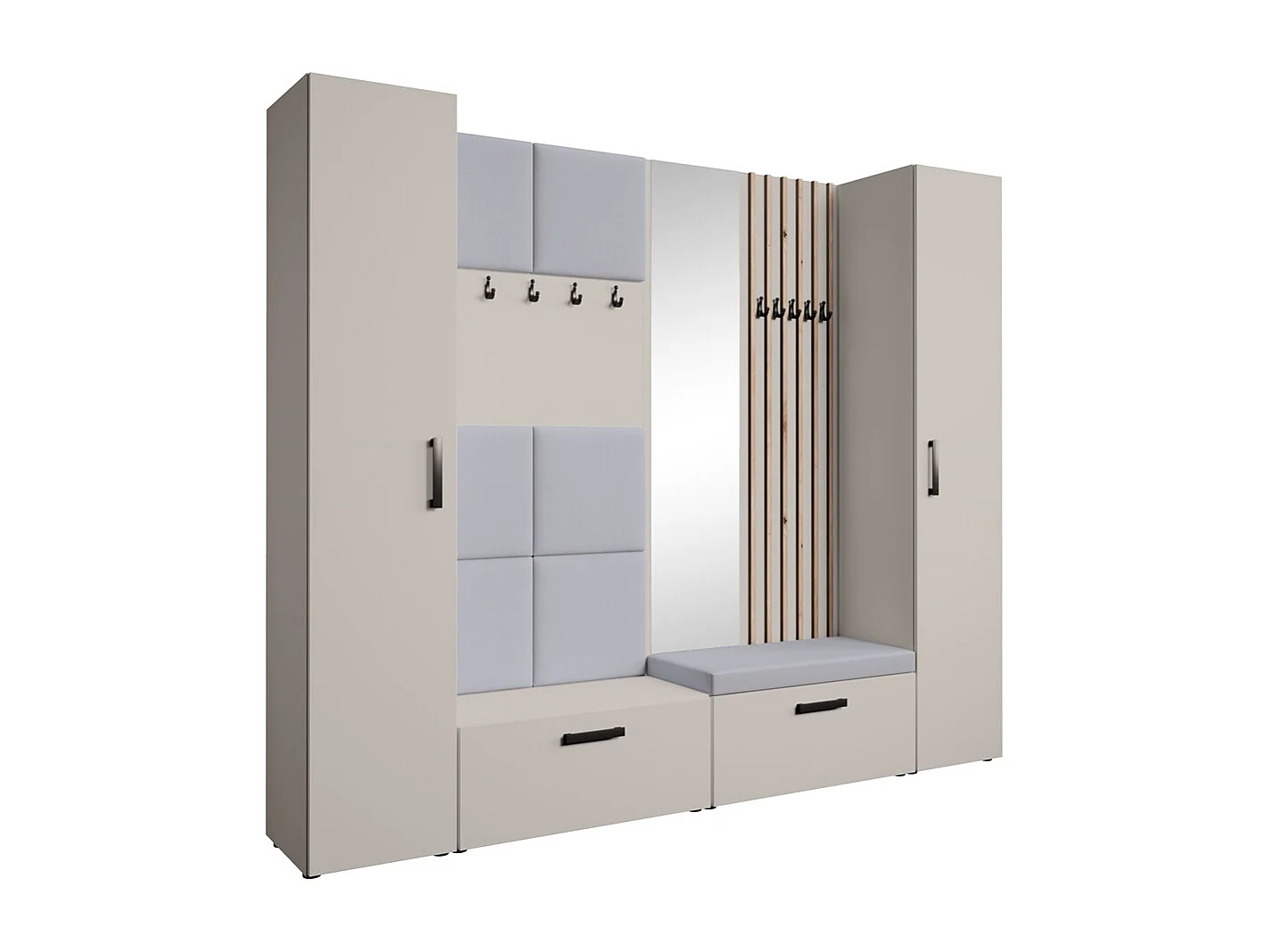 GARDEROBE Margaret XL 242/203/43 avec panneaux/lames/miroir rembourrés