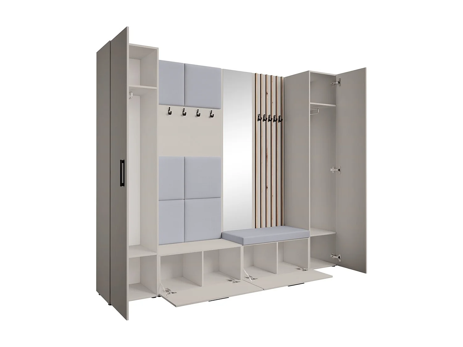 GARDEROBE Margaret XL 242/203/43 avec panneaux/lames/miroir rembourrés