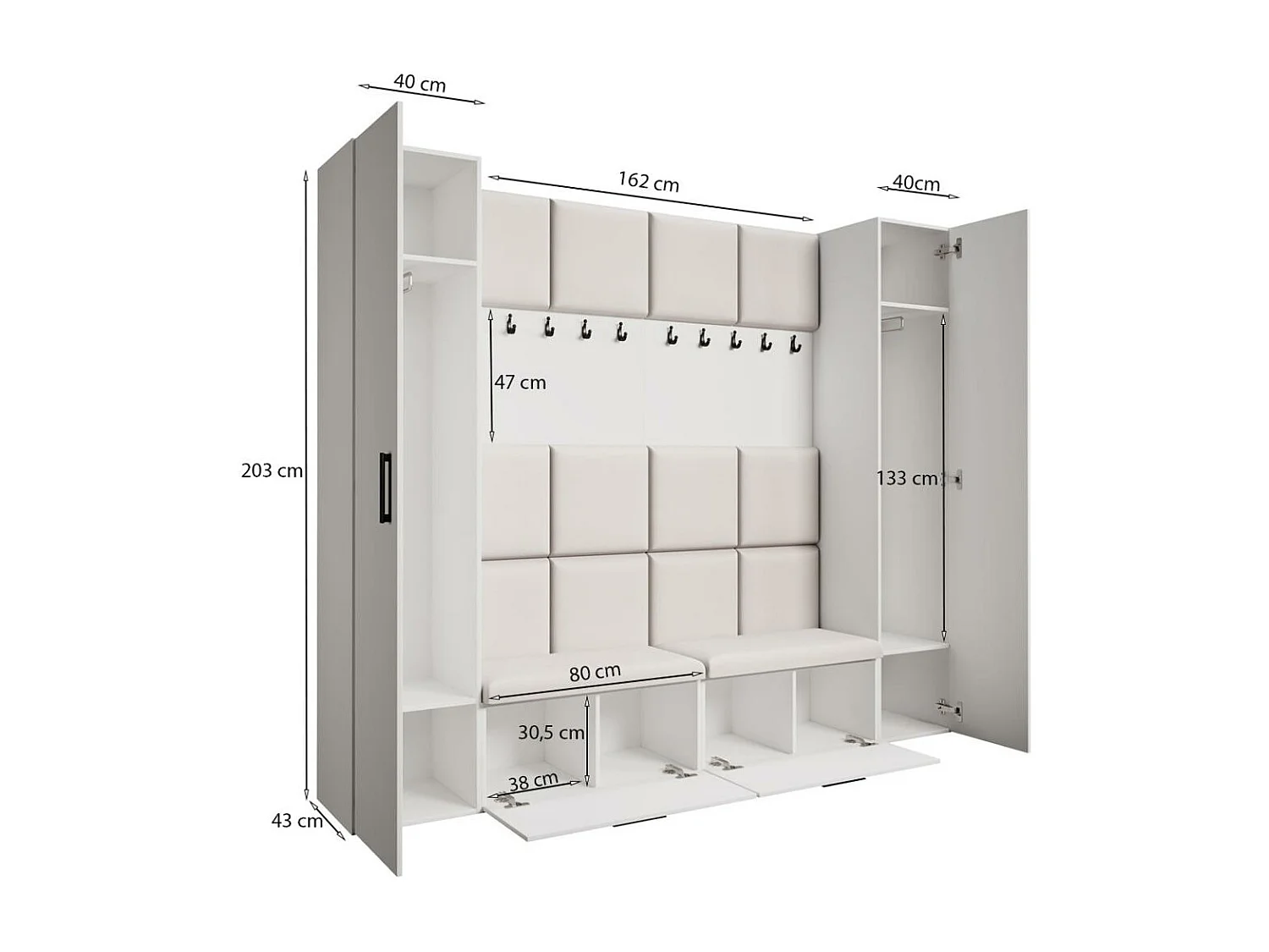 GARDEROBE Margaret XL 242/203/43 avec panneaux rembourrés et armoire à chaussures
