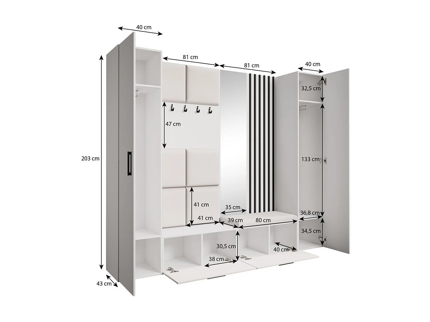 GARDEROBE Margaret XL 242/203/43 avec panneaux/lames/miroir rembourrés