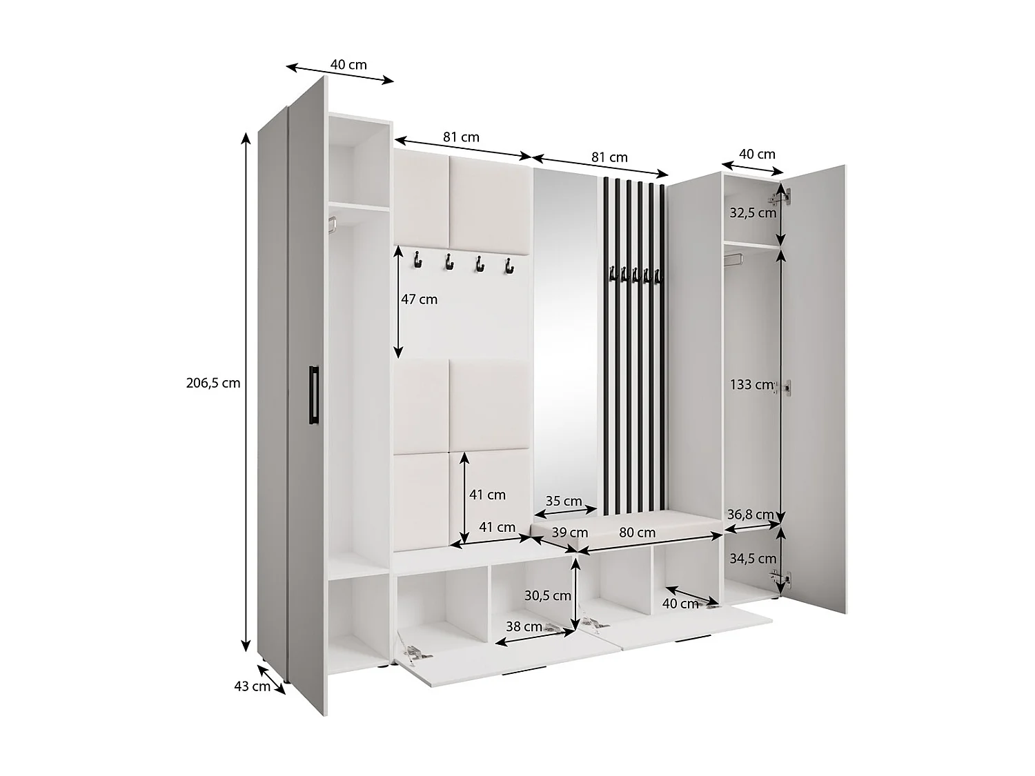 GARDEROBE Margaret XL 242/203/43 avec panneaux/lames/miroir rembourrés
