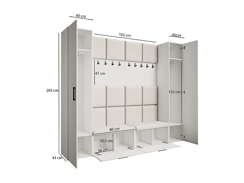 GARDEROBE Margaret XL 242/203/43 avec panneaux rembourrés et armoire à chaussures