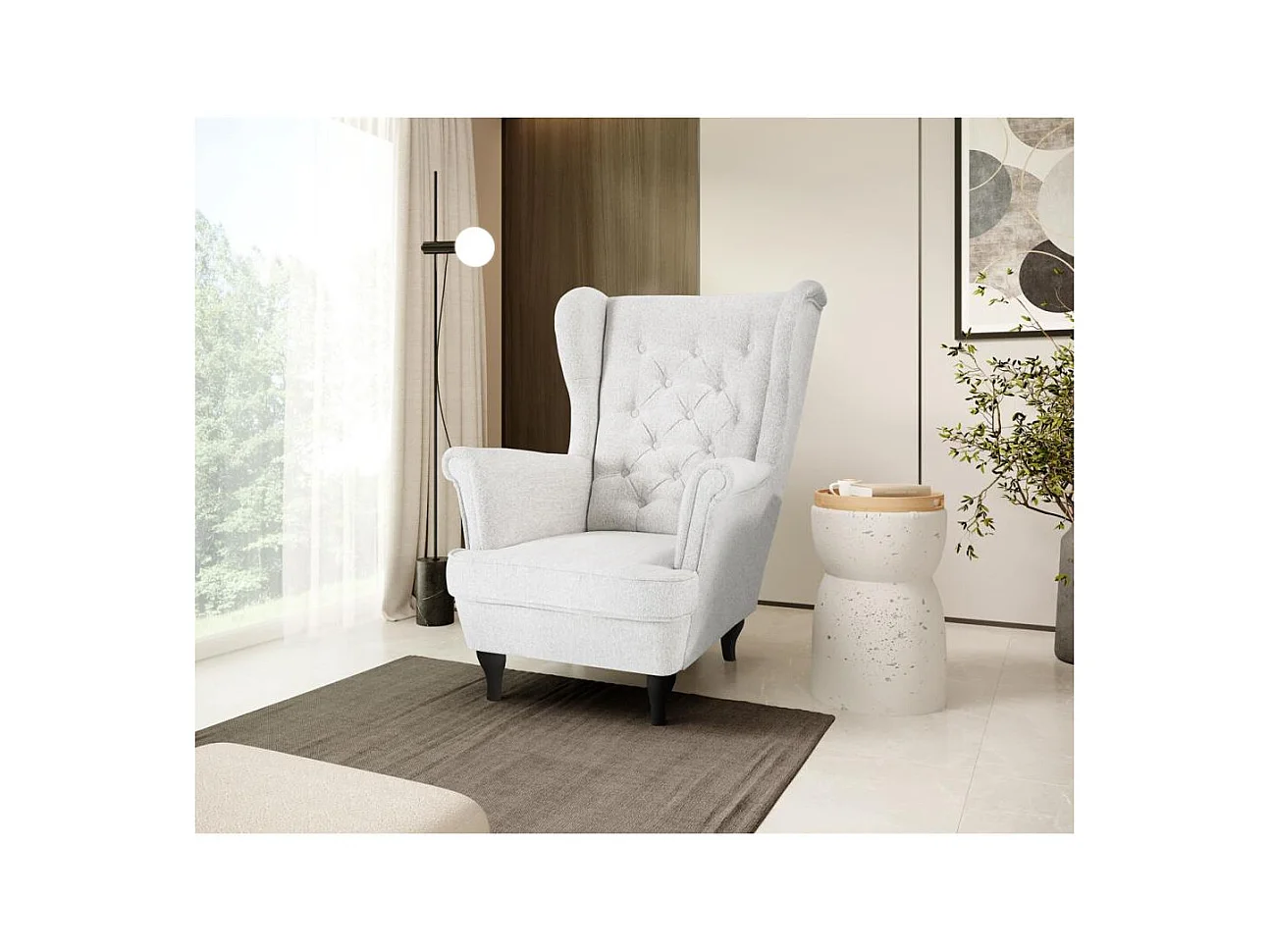 CHESTERFIELD-FAUTEUIL Falco beige clair avec pieds en bois wengé