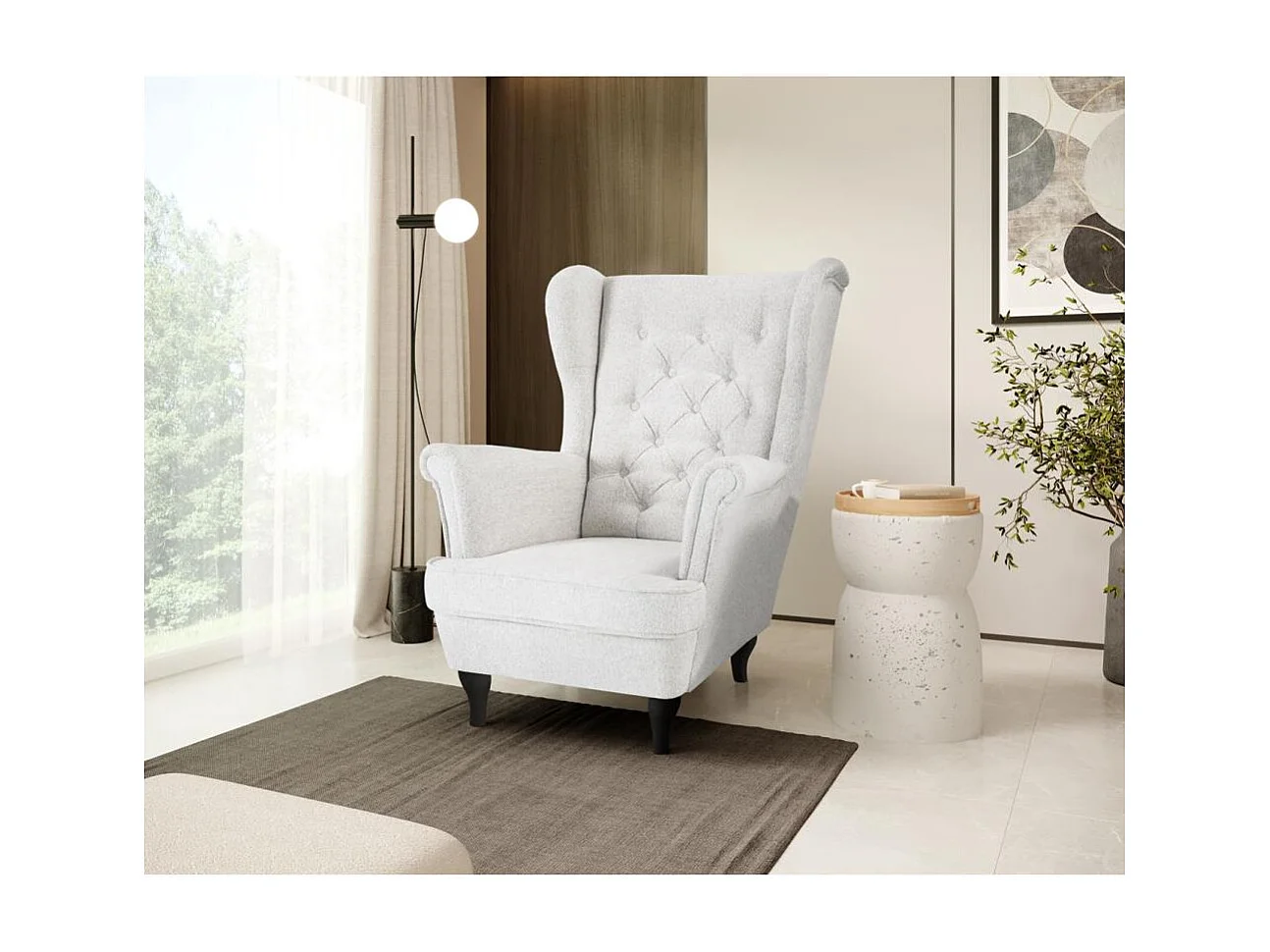 CHESTERFIELD-FAUTEUIL Falco beige clair avec pieds en bois wengé