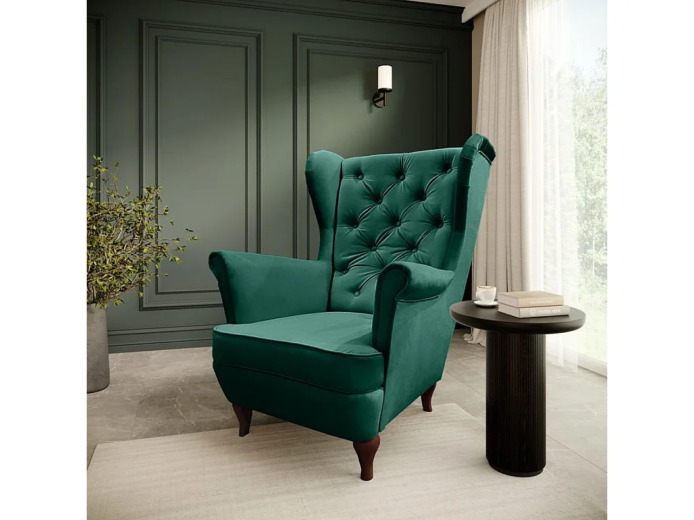 CHESTERFIELD-FAUTEUIL Falco vert avec pieds en bois
