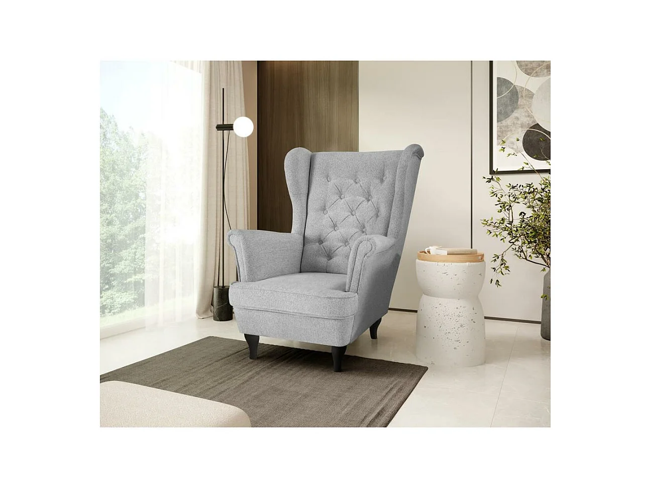 CHESTERFIELD-FAUTEUIL Falco gris clair avec pieds en bois wengé