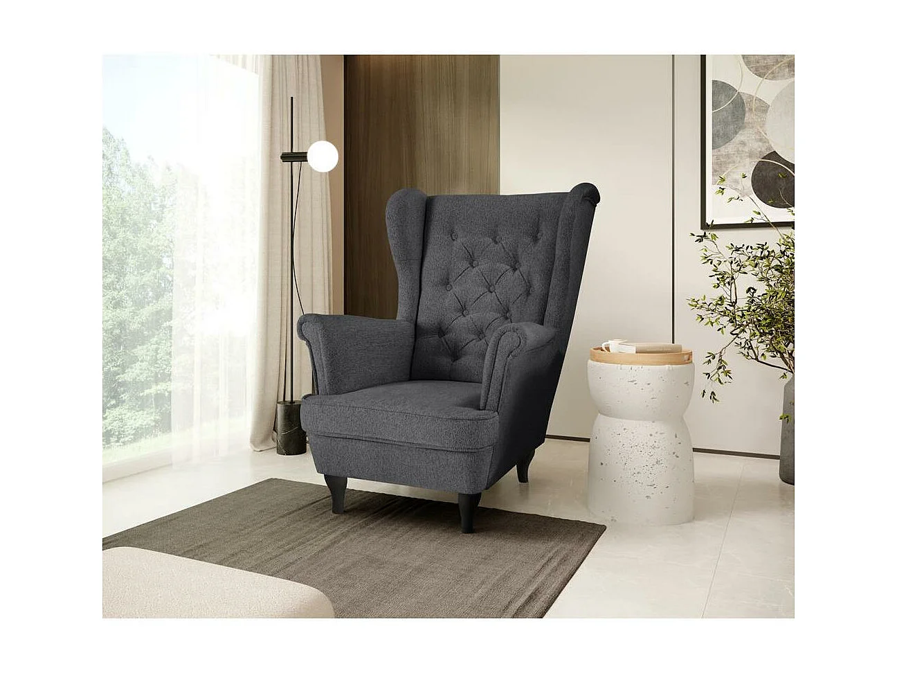 CHESTERFIELD-FAUTEUIL Falco gris foncé avec pieds en bois wengé