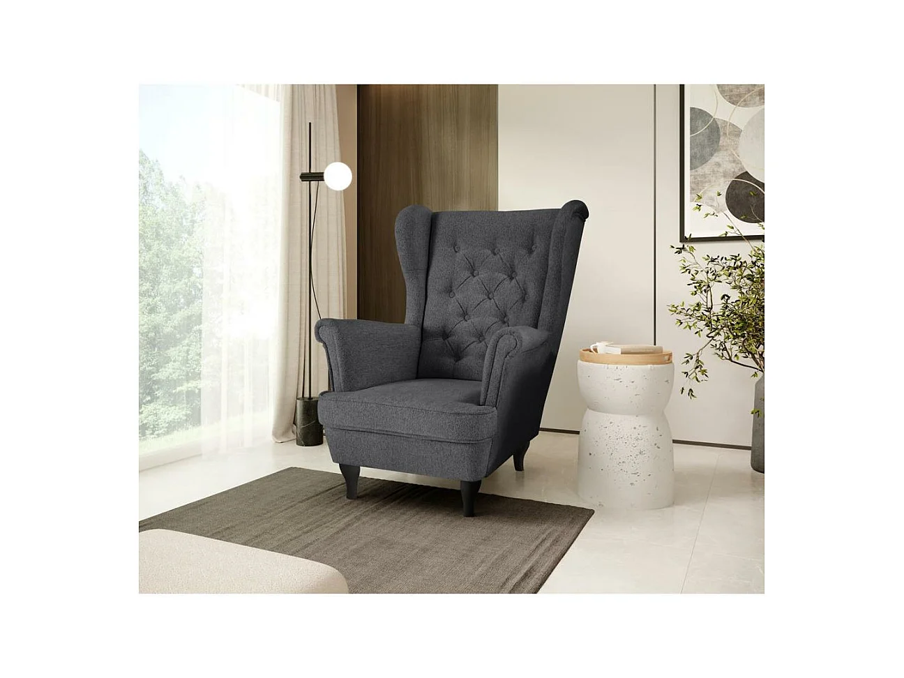 CHESTERFIELD-SESSEL Falco dunkelgrau mit Wenge Holzbeinen