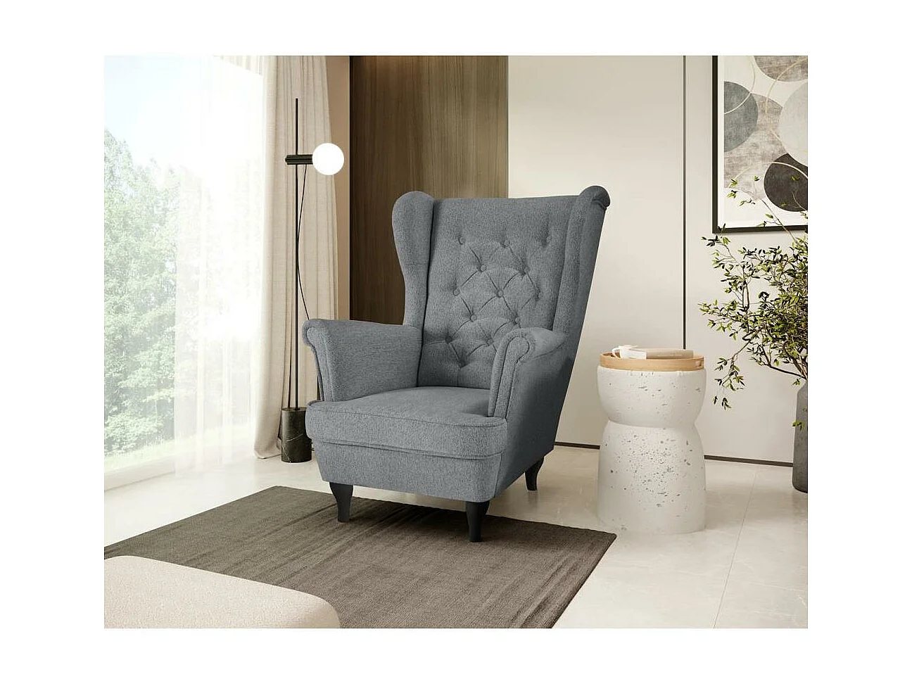 CHESTERFIELD-FAUTEUIL Falco gris avec pieds en bois wengé