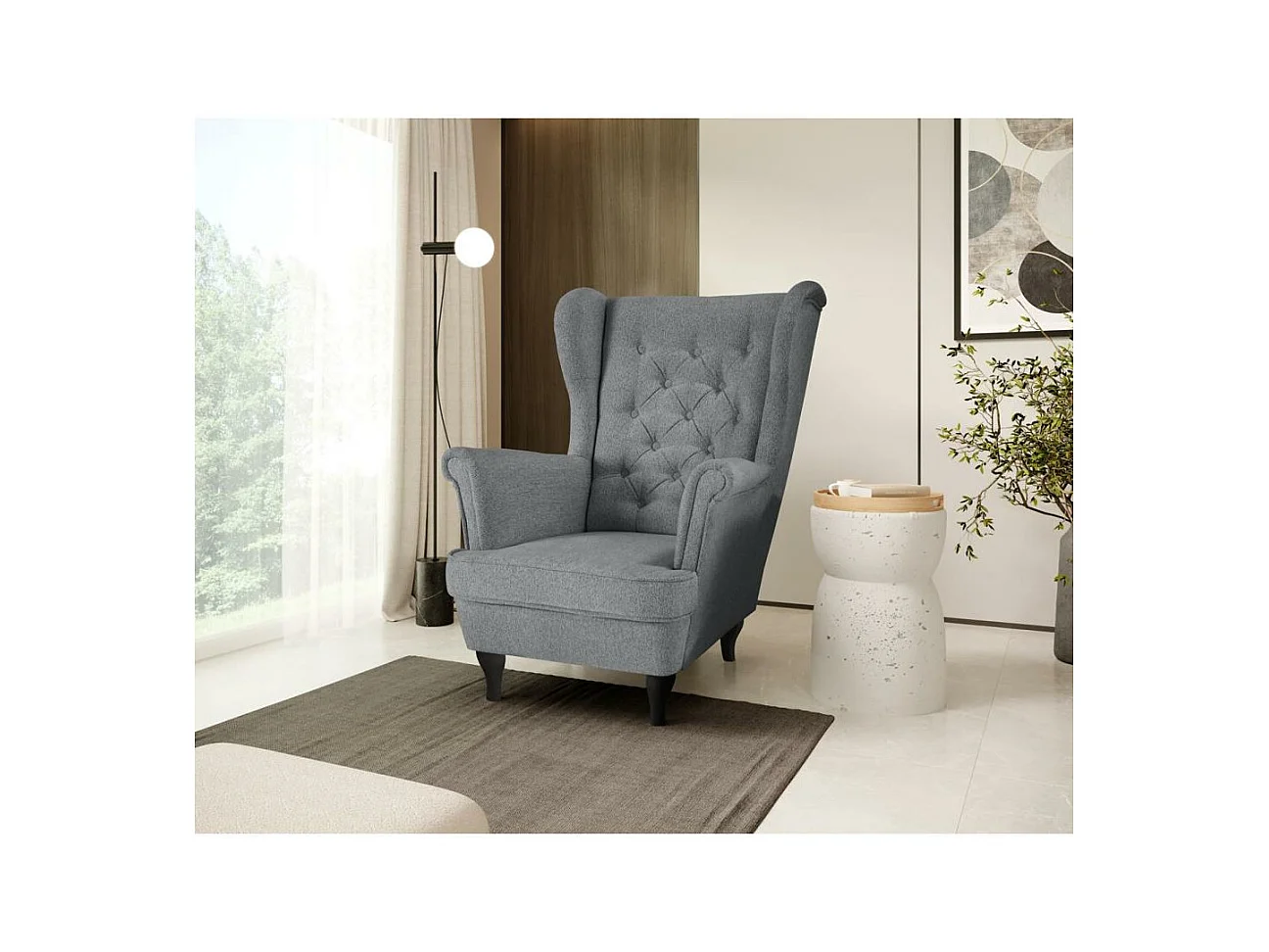 CHESTERFIELD-FAUTEUIL Falco gris avec pieds en bois wengé